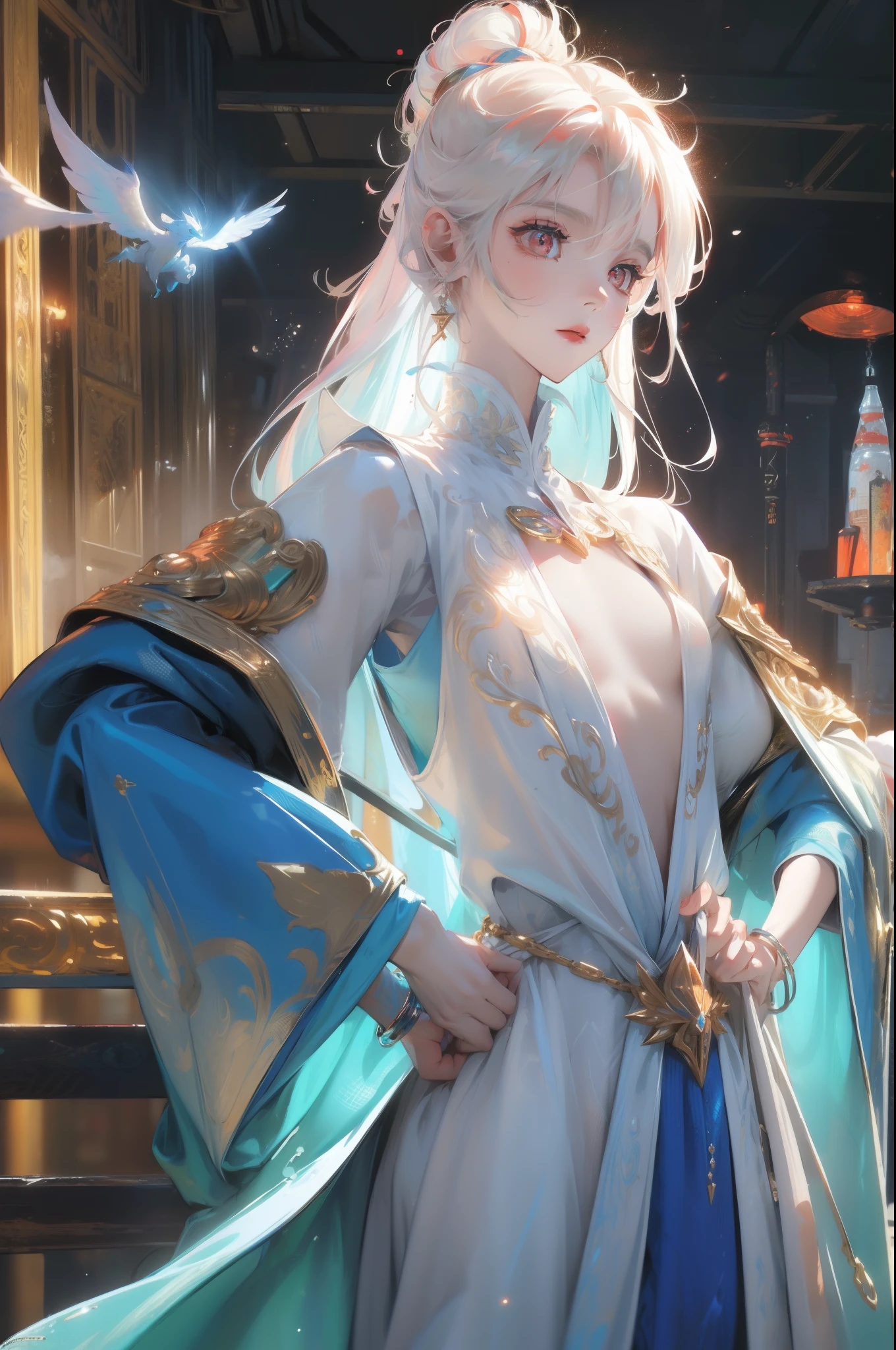 (Flat color:1.3),(Colorful:1.3),(Masterpiece:1.2), Best quality, Original, extremelydetailedwallpaper, view the viewer, Upper body shot of a girl injected with lightning, The whole body is dressed in a blue robe, Highly detailed, Extremely detailed, Red eyes, electric, Red Moon, rays of shimmering light, Cinematic lighting, Mattire, stone, Milky white quartz, opals, jewelry, Silk, feater, water splash, Heavy fog, electric, Electricity, spark of light, lense flares, rim lit, back lit lighting, Bracelet, color difference, RTX, post-proces（（（Thoracic beak）））（NSFW）（（Super large chest））