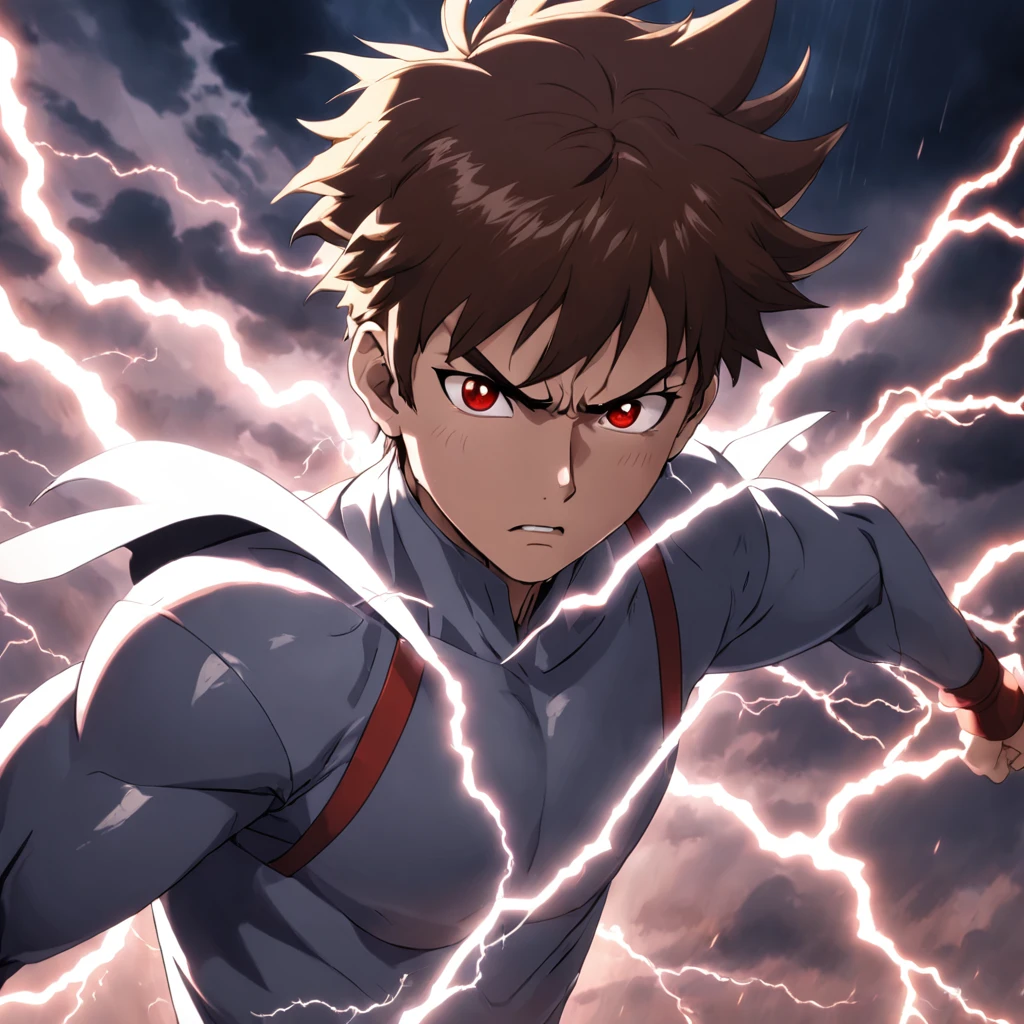 "An epic masterpiece with the best quality, featuring a movie still of a young man in fury. The close-up shot captures his intense anger as he channels the power of lightning. Imagine a silver ninja donning grey clothes, with brown hair and piercing brown eyes. A red lightning aura surrounds him, illuminated by dramatic and hard lighting. Thunderclouds loom in the background, adding to the electrifying atmosphere. Enhance the scene with sparks (weight: 0.9)."