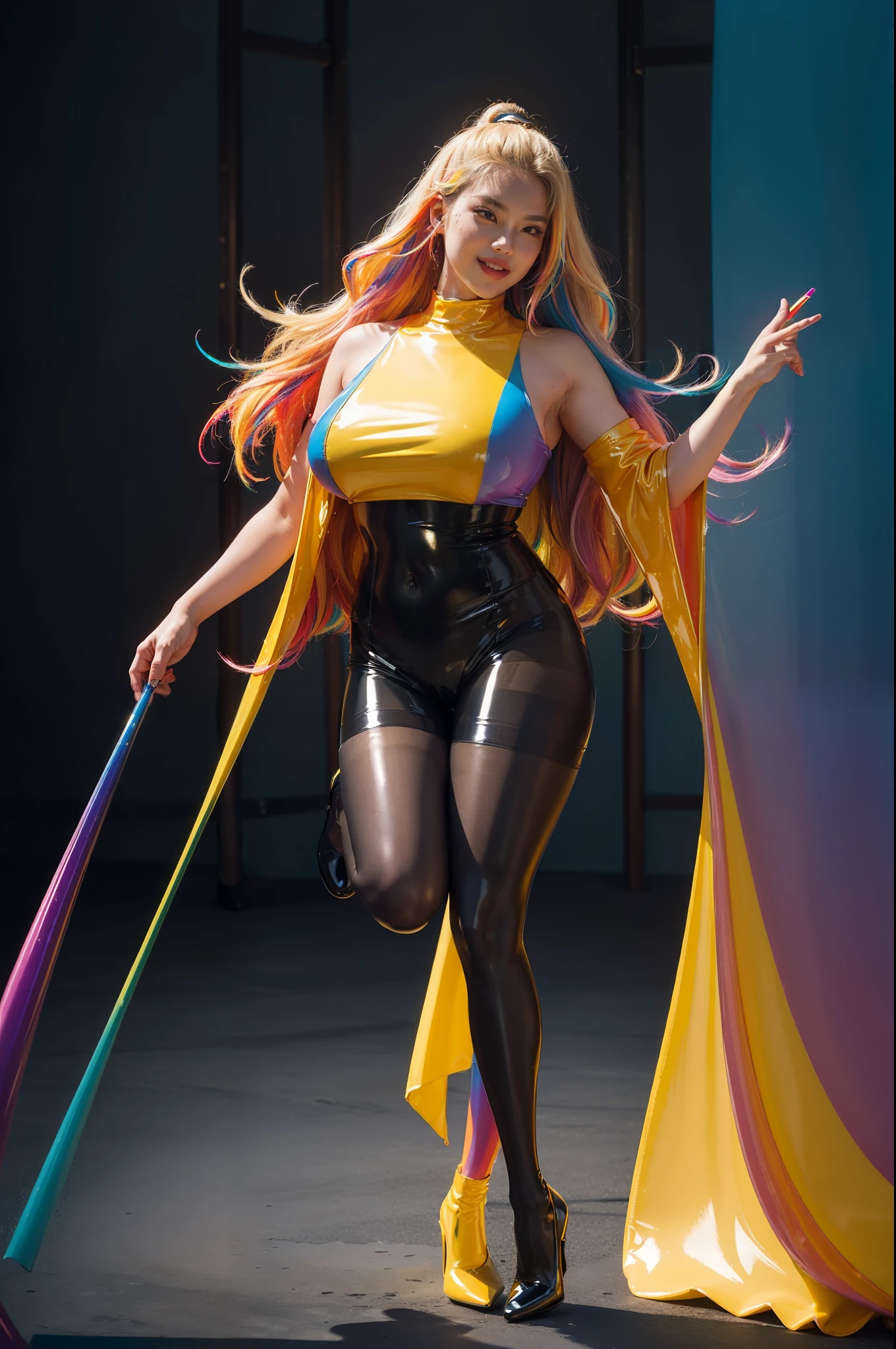 (full body:2),(1girl:1.3),(view the viewer:1.4),(anatomy correct:1.4),(((thick Latex pantyhose )):1.3), (pointed thick heels :1.3),,((((Raise her legs high))):1.2),((colorful Female sumo wrestler):1.3),(Extra Long blonde Hair:1.2),(Accurate and perfect face:1.3),(Long legs and big feet:1.3),((Polished clothing):1.2),((Skin reflection , Skin Gloss):1.2),((((( colorful)))):1.5),hyper HD, Ray traching, reflective light, structurally correct, Award-Awarded, high detail, lighten shade contrast, Face lighting ,cinematic lighting, masterpiece, super detailing, high quality, high detail, best quality, 16k,High contrast,