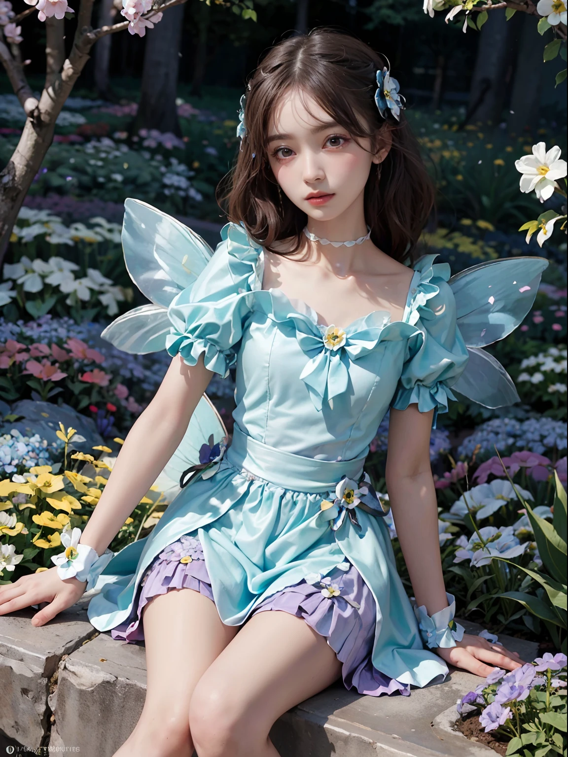 (masterpiece, best quality), (Flower Fairy:1.2), cowboy shot, thighs, (beautiful Fairy:1.2), (flowers:1.3), (many small petals:1.3), (flower garden:1.3), blue sky, looking at viewer, small waist, official art, raw photo, incredibly absurdres, face light, dynamic lighting, cinematic lighting, ultra realistic, highres, photography, sharp focus, highest detailed, ultra detailed, extremely detailed eyes and face