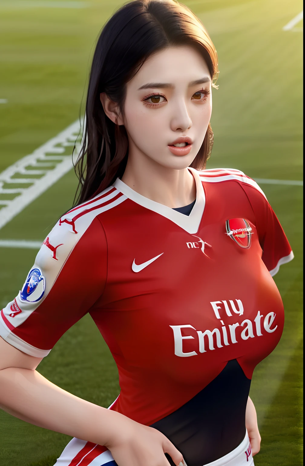 1girl,realistic player football koreangirl ,beautiful realistic face,Tongued out mouth detailed expresision,sexy,he tall,super big breast,(P cup),sexy girl pose photos,realistic girl sexy, Arsenal number 10 player football girl uniform,full body wet,in field,stand straight up, long black hair wet