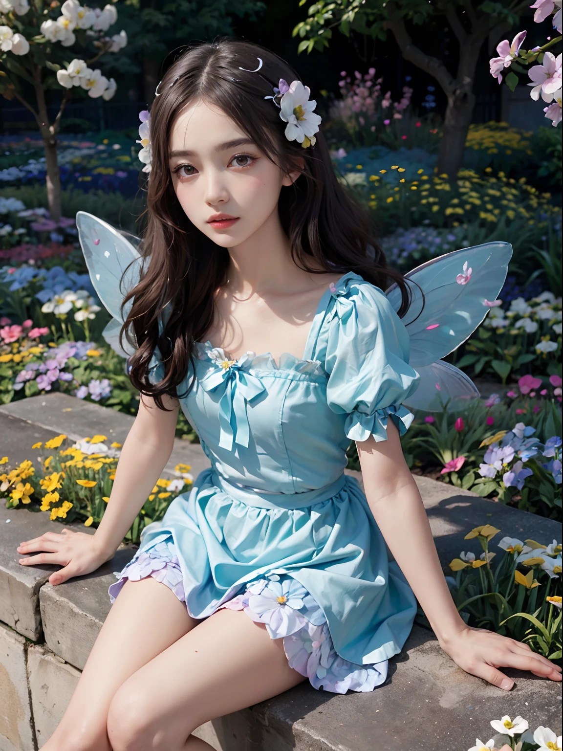 Androgynous prince, korean boy, effeminate  boy, pretty face, big eyes, round face, cute face, fairy eyes, prince effeminate, prince swimming in the fairy lake, boy dressing a white lace dress, brown hair wet, wet body and dress, smile face, cute hands, handsome effeminate boy, asian, lake background, fairy lake background, blue water, fairys, green trees, ultra realistic image, hd, realistic photo