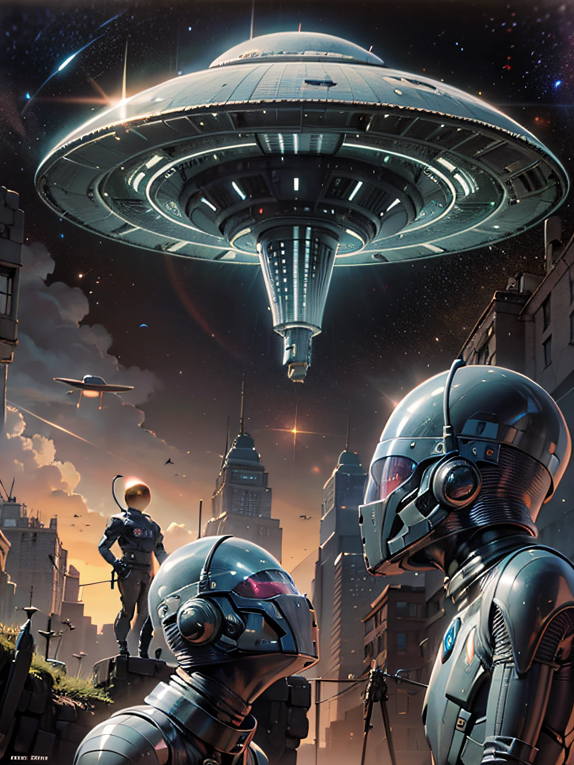 Three Aliens looking up, ((Three Aliens looking up)), Aliens, Extraterrestrials, Outer Limits, Twilight Zone, Lost in Space, Forbidden Planet, Mel Hunter, Vincent Di Fate, Ed Valigursky, extraterrestrial biological entity, ((extraterrestrial biological entity)), UFO, flying disc, flying saucer