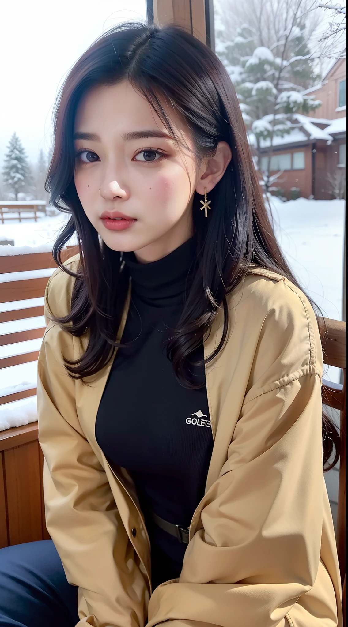 1 rapariga, Bare_tree, brown_Eyes, Navy blue hair,Wavy hair, build, Manteau, Cross_Earrings, 耳Nipple Ring, long windbreaker, cparted lips, sit on chair,looking at viewert, exteriors, snow landscape, 独奏, The tree, Winters, Bring your arms together, Ears come out, face in golden proportions, The body of the golden ratio,Detailed_Eyes, best qualtiy,hyper HD,By bangs,facing at the camera,The body is centered
