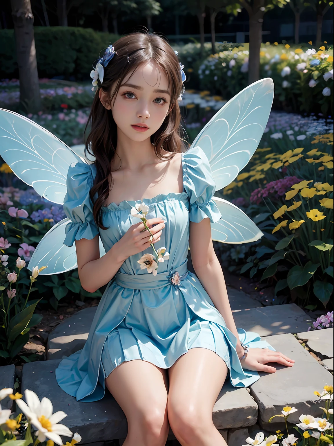 (masterpiece, best quality), (Flower Fairy:1.2), cowboy shot, thighs, (beautiful Fairy:1.2), (flowers:1.3), (many small petals:1.3), (flower garden:1.3), blue sky, looking at viewer, small waist, official art, raw photo, incredibly absurdres, face light, dynamic lighting, cinematic lighting, ultra realistic, highres, photography, sharp focus, highest detailed, ultra detailed, extremely detailed eyes and face