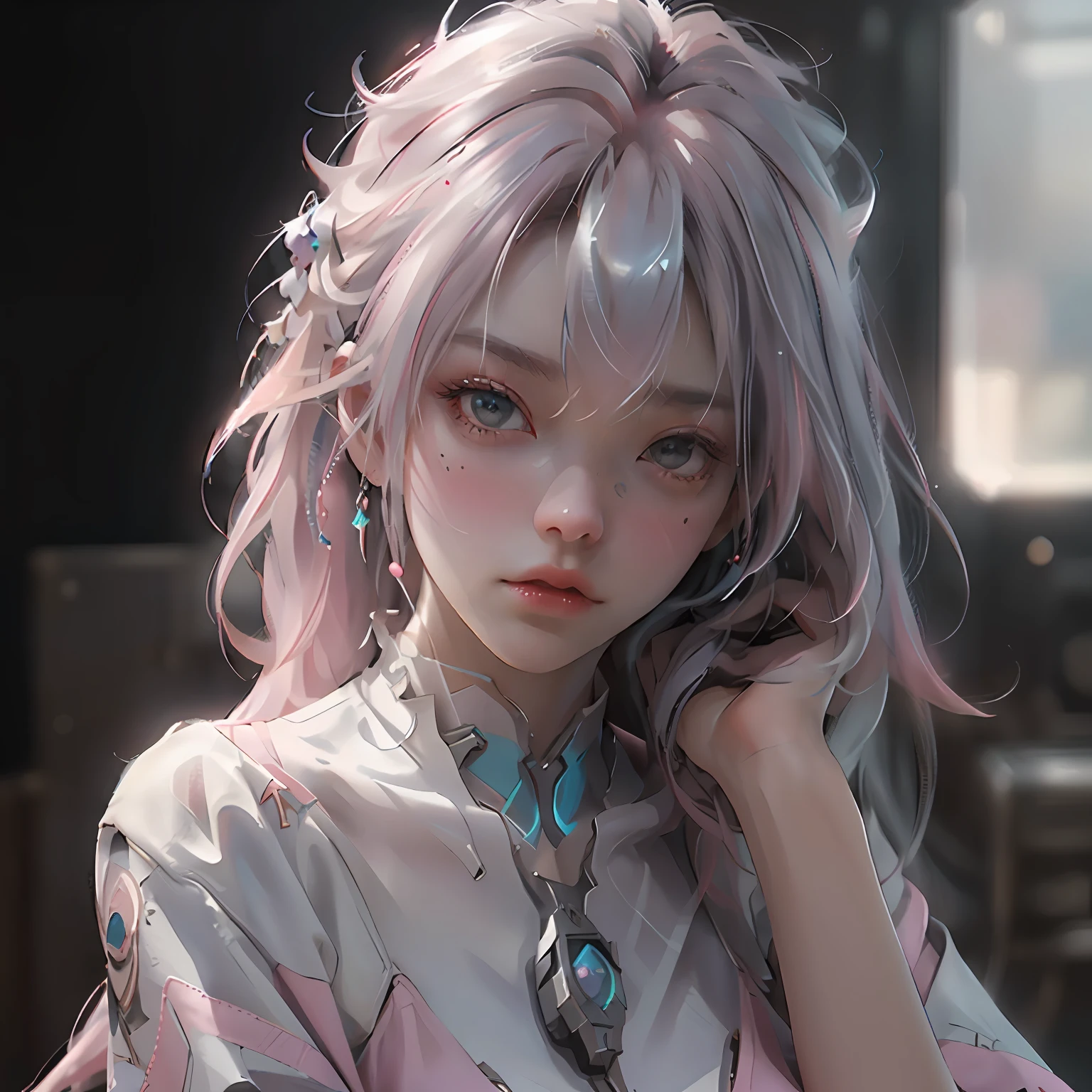 ((best qualtiy)), ((tmasterpiece)), (the detail:1.4), 。.。.。.。.。.。.。.3D, A beautiful cyberpunk female image,hdr（HighDynamicRange）,Ray traching,NVIDIA RTX,Hyper-Resolution,Unreal 5,Subsurface scattering、PBR Texture、post-proces、Anisotropy Filtering、depth of fields、maximum definition and sharpness、Many-Layer Textures、Albedo e mapas Speculares、Surface coloring、Accurate simulation of light-material interactions、perfectly proportions、rendering by octane、Two-colored light、largeaperture、Low ISO、White balance、the rule of thirds、8K raw data、，wearing in stocking，Bigchest，high-detail face，Pink gray hair，
