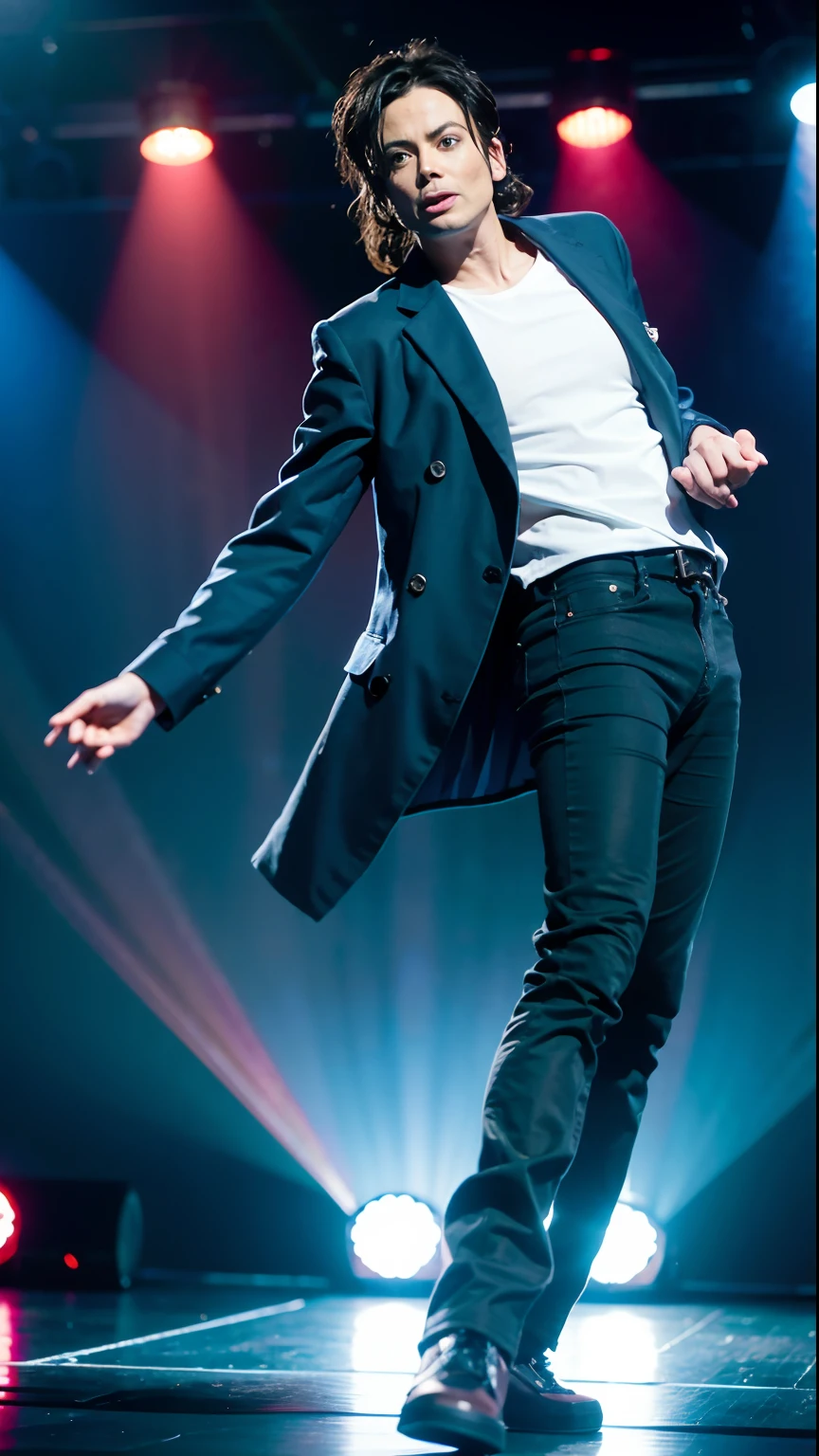 Michael Jackson performing on stage in a blue jacket and black pants, Michael Jackson, Michael_Jackson, Michael Jackson Moondance, moonwalker photo, he is dancing, Portrait of Michael Jackson, Portrait of Michael Jackson, victorious pose, masutepiece!!!, Neil Leifer, doing a sassy pose, Wearing a blue jacket, wearing blue jacket, This is the style, striking a pose