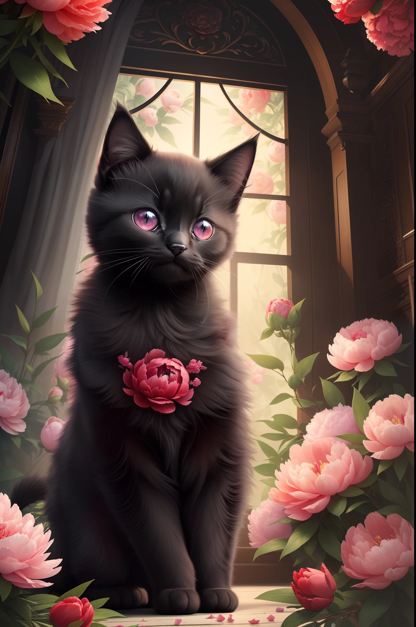 (This ultra-detailed and top-quality CG illustration art), ( Adorable black kitten is surrounded by crimson peonies), (masterpiece、hight resolution), Intricate details and fantasy atmosphere enhance the beauty of beautiful animals.