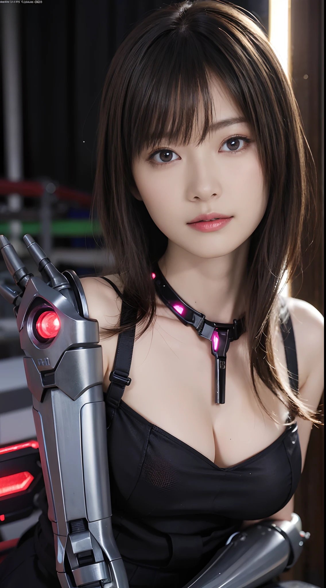 ,Cute woman、(((Upper body naked))),Big smile,(Shoulder-length hair、Round face,Big eyes,Shoulder-length hair、 Round eyes、No makeup、、(((black cyberpunk outfit))),(((Battlesuits of the future)))、Complex background punk, , Futuristic, Post-apocalyptic, dark, 薄dark光, ((masterpiece, Highest quality, )The neon-lit streets of a cyberpunk metropolis, Ignoring the boundaries between reality and technology、Pretty beautiful girl、