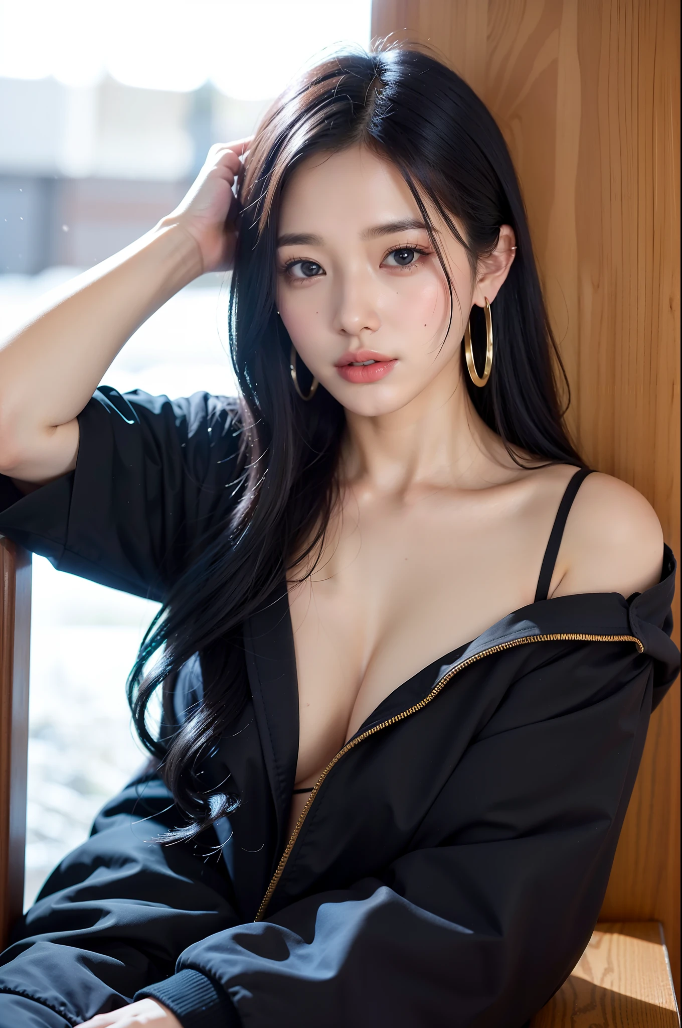 1 rapariga， Bare_tree， brown_Eyes， Navy blue hair，Wavy hair， build， Manteau， Cross_Earrings， 耳Nipple Ring， long windbreaker， cparted lips， sit on chair，looking at viewert， exteriors， snow landscape， 独奏， The tree， Winters，  Bring your arms together， Ears come out， face in golden proportions， The body of the golden ratio，Detailed_Eyes， best qualtiy，hyper HD，By bangs，facing at the camera，The body is centered