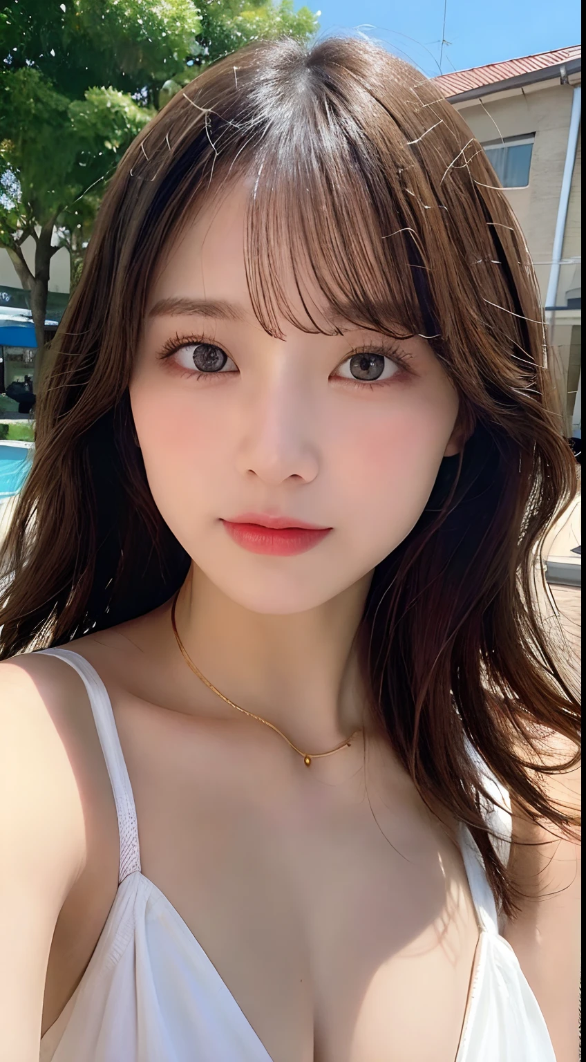 masutepiece,Best Quality:1.4),(8K,Raw photo,photographrealistic:1.2),(Shiny skin),Detailed skin,Detailed face,Detailed eyes,1girl in、Upper body,Japanese Idol,Extremely beautiful face,Brown hair、Wearing a white shirt、Stay outside、Sunnyday