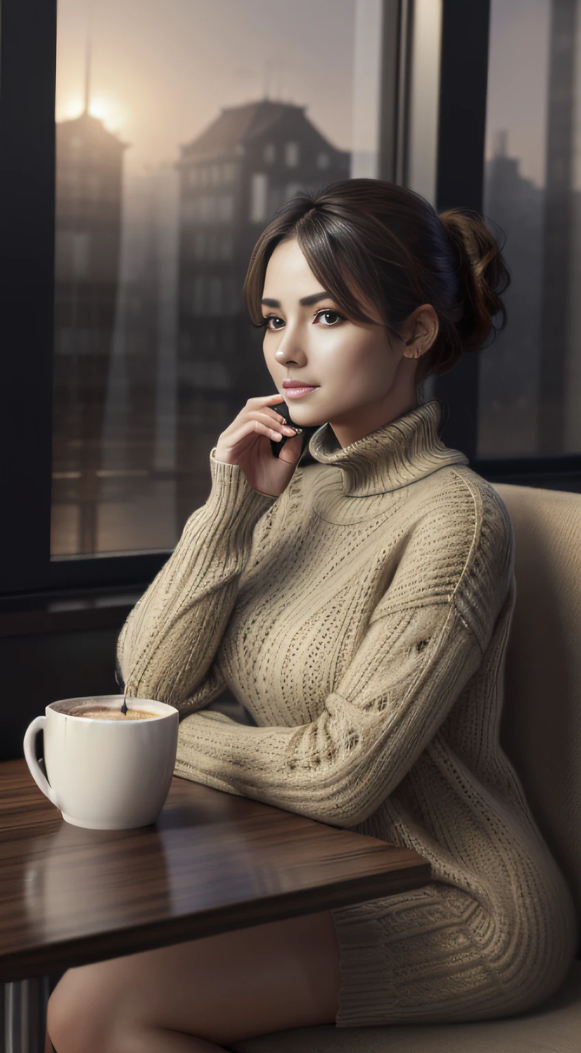 (((masterpiece, best quality:1.1))), high resolution, (ultra-detailed), 1girl ,light makeup, mature female, seductive, elegant, stylish, curvy, looking at viewer , (((full body))) , perfect body, beautiful woman, (beautiful detailed face:1.2), beautiful detailed eyes,((intricate detailed)), perfect hands, detailed fingers, mature female, Oversized Sweater with Leggings ,Messy bun , Cozy cafe with misty windows and hot drinks background, volumetric lighting, intricate details, sharp focus, hyper detailed, trending on Art station