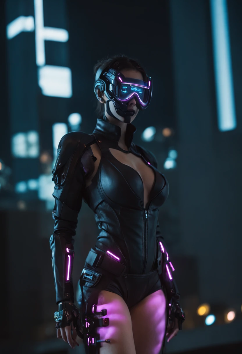 Cyberpunk girl,Future city night view,skyscrapper,neonlight,Robotic arm,black leather clothes,The light and shadow effects are intense,tightsuit,Cool mask,Dark black tones