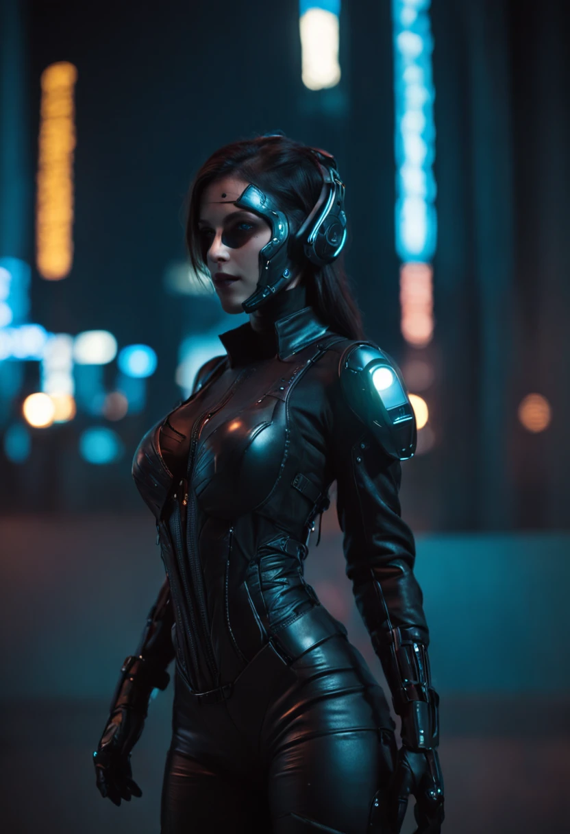 Cyberpunk girl，Future city night view，skyscrapper，neonlight，Robotic arm，black leather clothes，The light and shadow effects are intense，tightsuit，Cool mask，Dark black tones