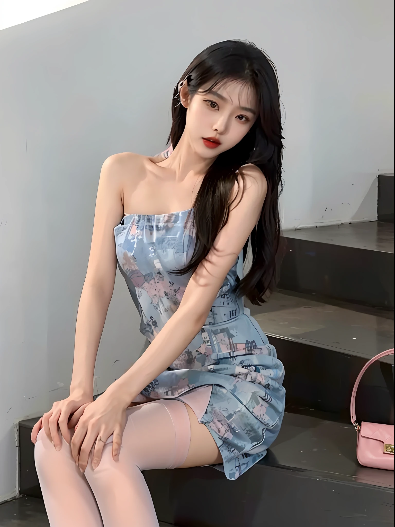 Arakfi Asian woman sitting on the steps,Holding a pink purse, photo of slim girl model, photo of slim girl, Sexy dress, Korean girl, Gorgeous young Korean woman, Cheongsam, korean women's fashion model, beautiful Korean women, wearing a blue qipao dress, Beautiful young Korean woman, Good young girl, dilraba dilmurat, Chinese girl,(((Open-mouthed))),(((teeth))),seductiv ,(((White mesh stockings,Ripped stockings)))