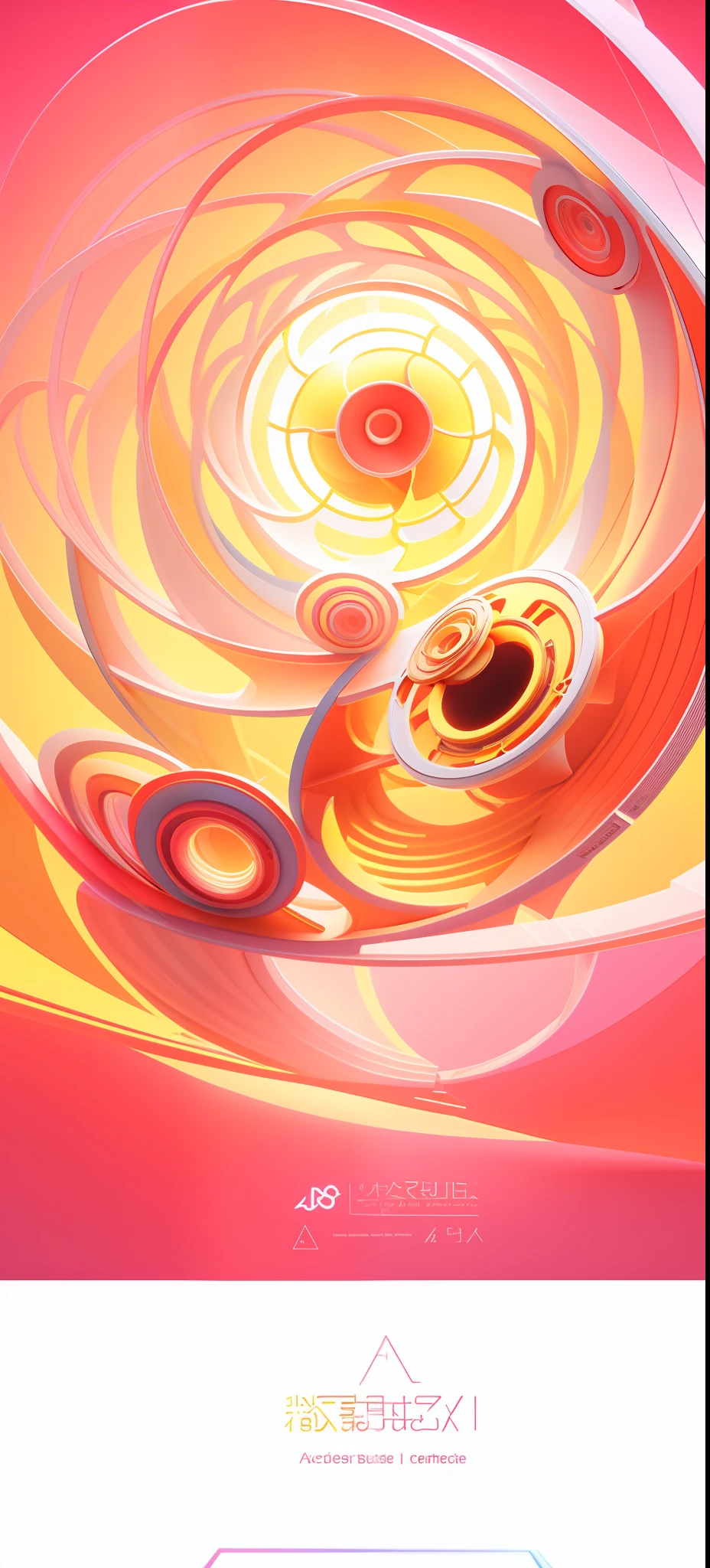 Center spiral plastic installation, circle, Geometrically smooth shape, Fantasy backlight, Smooth lines, Macro lens, Front view, Large diagonal perspective, full bodyesbian,Red and yellow gradient background, Very large sense of space, Minimalism, Plastic material , 3D model, blender, rendering by octane,8K