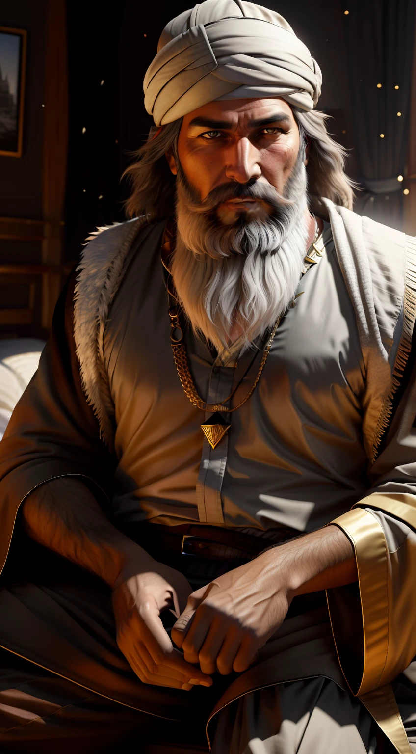 Alphard man with long beard and white beard sitting on bed, Film digital painting, detailed cinematic rendering, portrait of bedouin d&D, author：Daliush Shokov, best of artstation, cinematic cgsociety, Render in Unreal Engine 5, Trending ArtStation, trending on artstation 4k, unreal engine 5 highly rendered