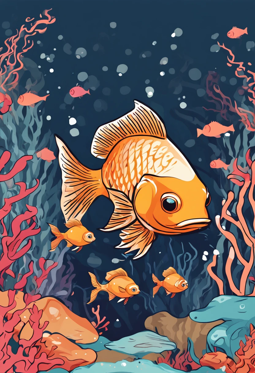 Cartoon fish with heart-shaped nose and tail, an illustration of inspired by Masamitsu Ōta, pexels, mingei, Fish swimming, fish swimming around, gold fish, small fish swimming around, Colorful fish, The fish, golden fish in water exoskeleton, floating goldfish, half fish, svg illustration, tropical fishes, fishes swimming