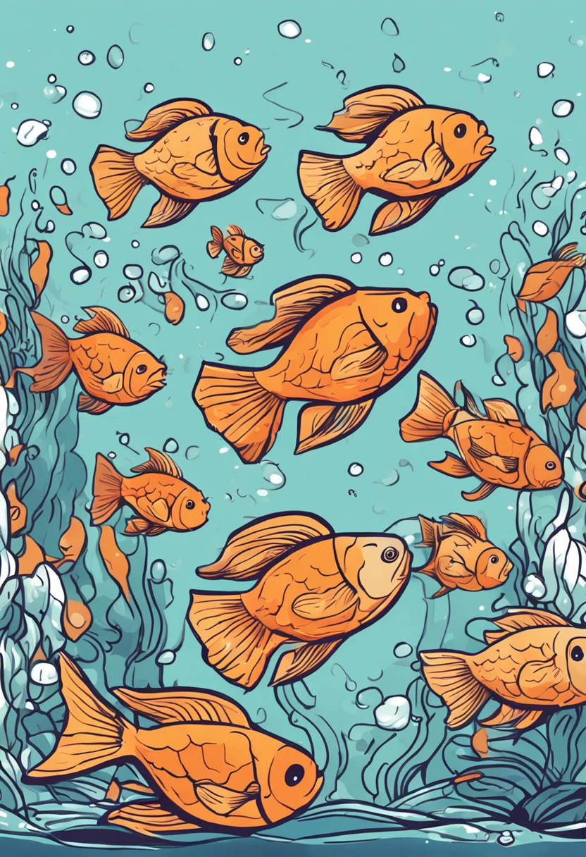 Cartoon fish with heart-shaped nose and tail, an illustration of inspired by Masamitsu Ōta, pexels, mingei, Fish swimming, fish swimming around, gold fish, small fish swimming around, Colorful fish, The fish, golden fish in water exoskeleton, floating goldfish, half fish, svg illustration, tropical fishes, fishes swimming