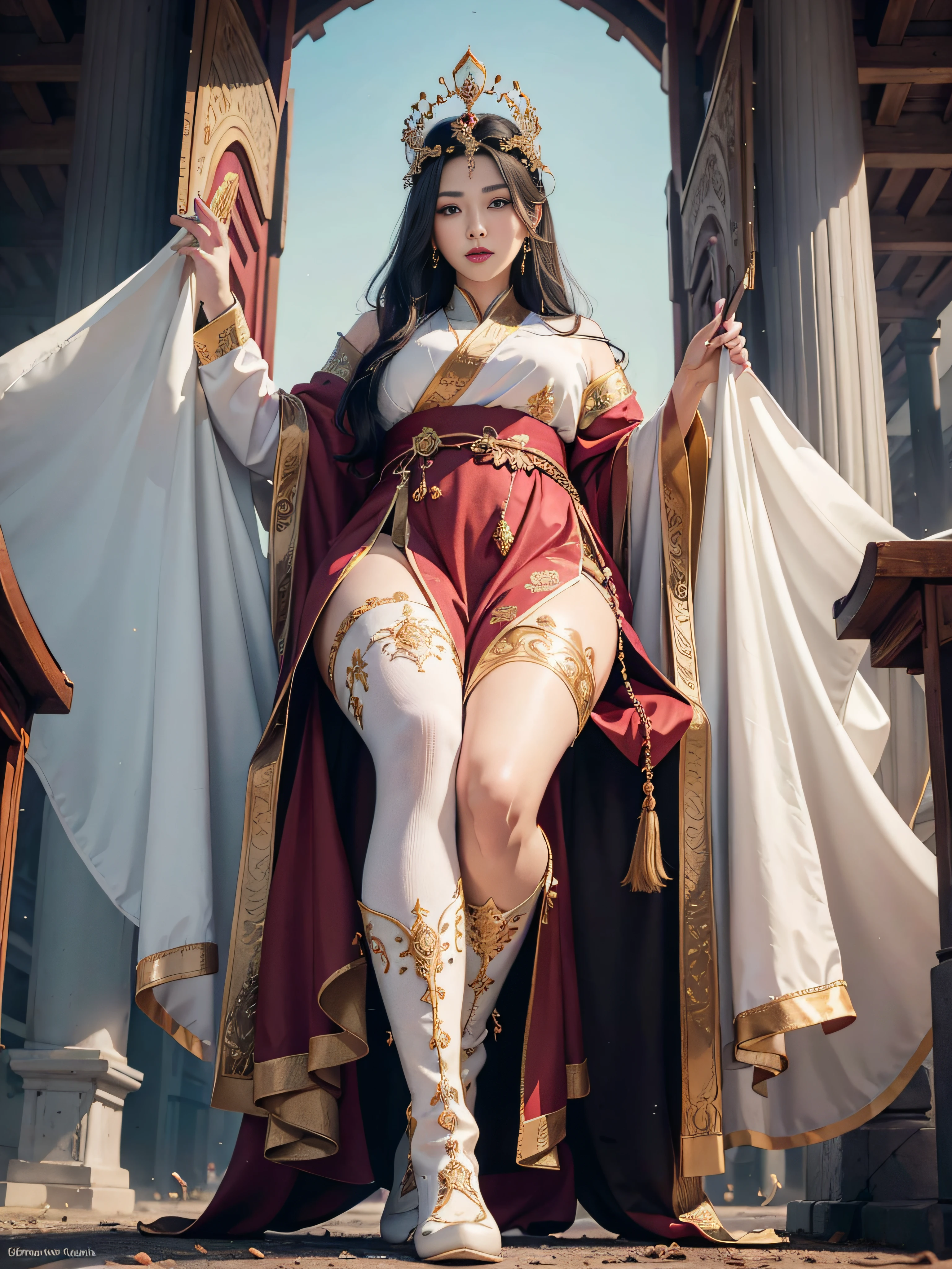 a mature female,Oriental women,the emperor,tmasterpiece,best qualityer,Fine and detailed eyes and detailed face,garments:wearing a dragon robe,Wearing a phoenix crown on his head,Wear straight boots,Wear white socks on your knees,allure:full bodyesbian,Melon seed face,Full cheeks,The bridge of the nose is high,Slender eyebrows,Big and God's eyes,Straight height,Apply lipstick,haughty、A majestic countenance,Beautiful face,Full-figured,Scenes:Inside the ancient royal palace,ancientry。