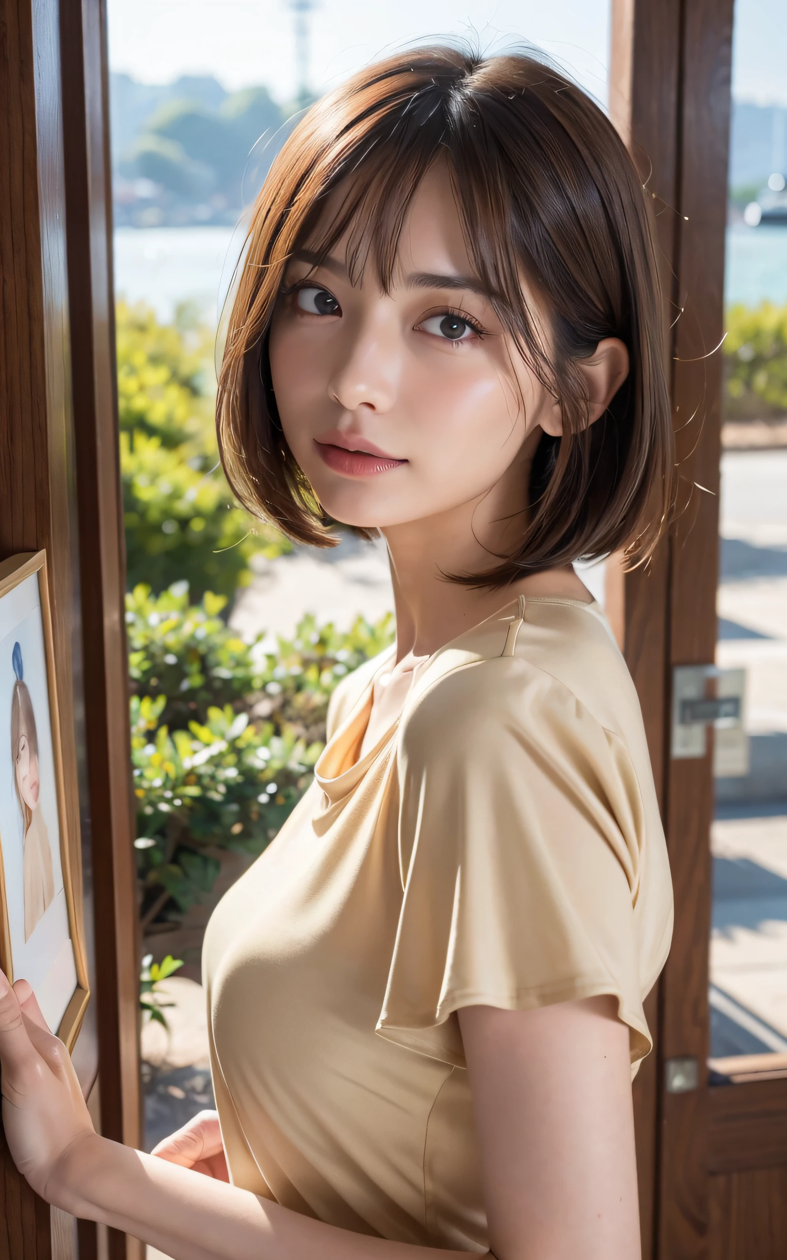 ((top-quality、8k masterpieces:1.3))、(ultra beautiful faces:1.0)、(shinny skin:1.0)、photos realistic、Brown hair, Short bob hair, layers-Cut, Her hair is swaying in the wind, Bangs, Video Lighting、High-definition eyes and face、1 japanese girl, Neat and clean beauty, Cute, Silk Color Blouse, buttoning, from the front side、medium breasts、A slight smile, Museum Painting Exhibition Room, congestion, Many people