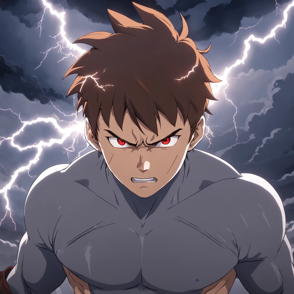 "An epic masterpiece with the best quality, featuring a movie still of a young man in fury. The close-up shot captures his intense anger as he channels the power of lightning. Imagine a silver ninja donning grey clothes, with brown hair, wild sideburns and piercing brown eyes. A red lightning aura surrounds him, illuminated by dramatic and hard lighting. Thunderclouds loom in the background, adding to the electrifying atmosphere. Enhance the scene with sparks (weight: 0.9)."