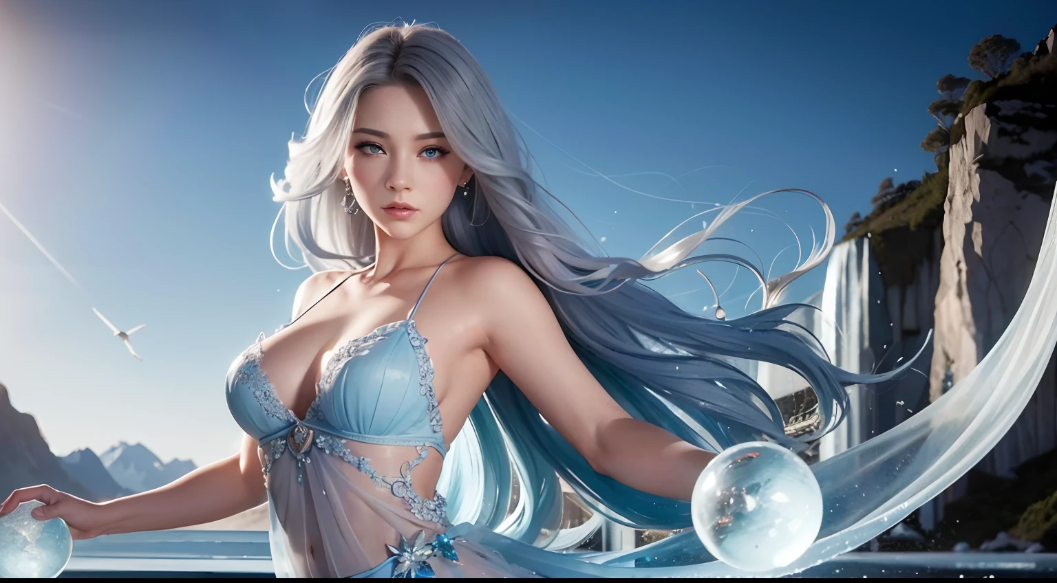 Beautiful female ice mage，Perfect body display，Pose photography，Flowing sky blue gray curls，eBlue eyes，Sheer tulle dress，Indifferent expression，Bokeh background，ice mountain，Fantasyart，detail-rich，电影灯光，Take real photos，SLR camera，The is very detailed，Rational design，Clear lines，High sharpness，Best quality，Masterpiece，4K：1.2。