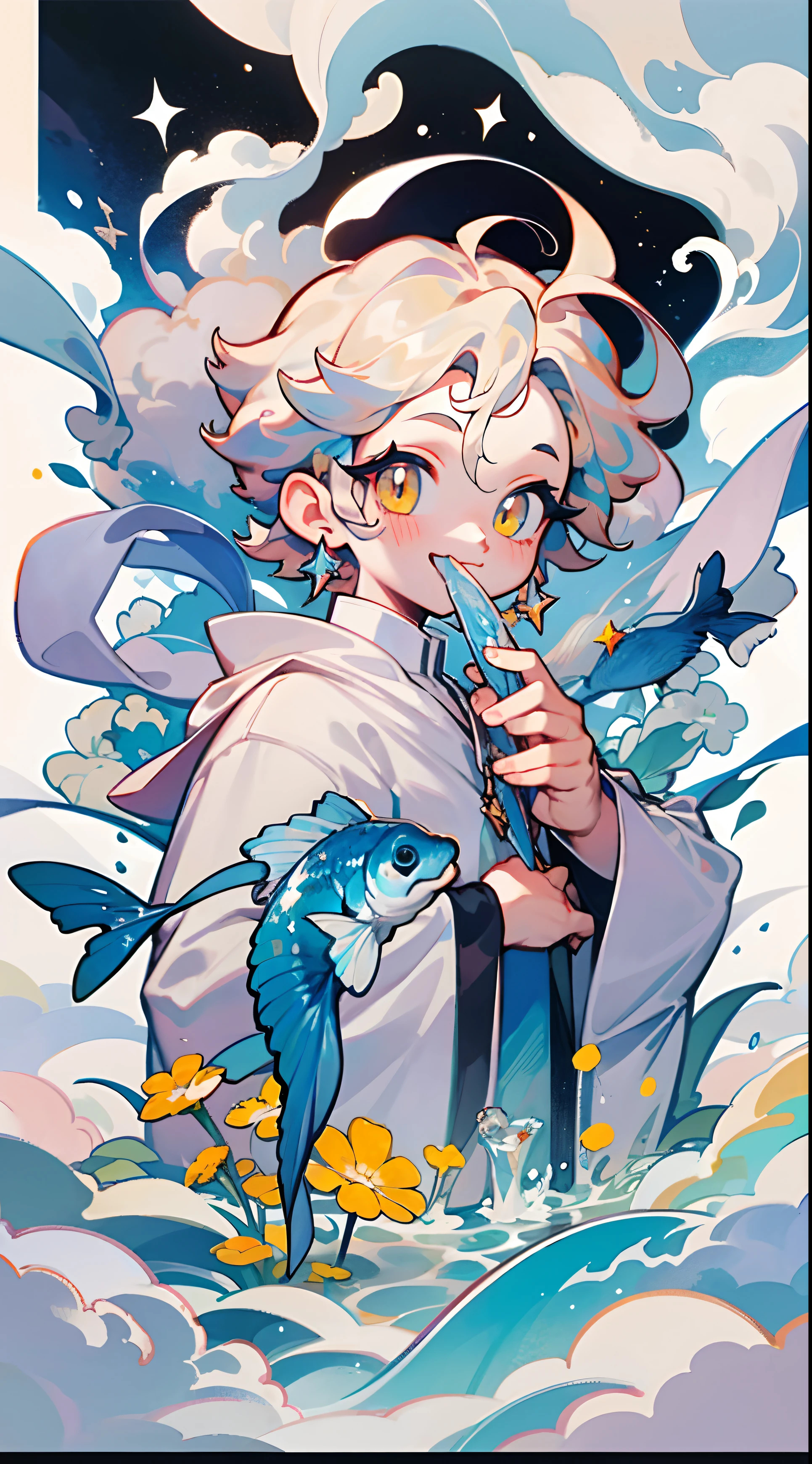 A floats in space,with short white hair,Straight hair,Golden eyes,Hold a fish tank,White priestly robes,ssmile,astral,perfect compositions