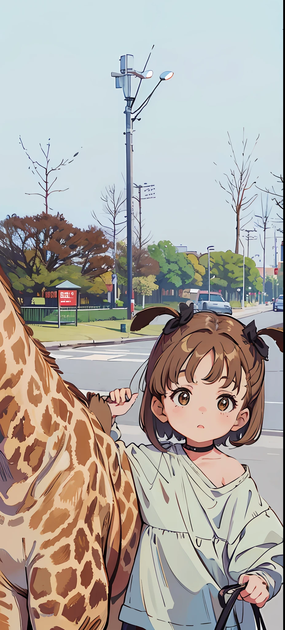 There was a little girl holding a giraffe,  with a park in the back ground, at park, , park in background, , 2 years old,