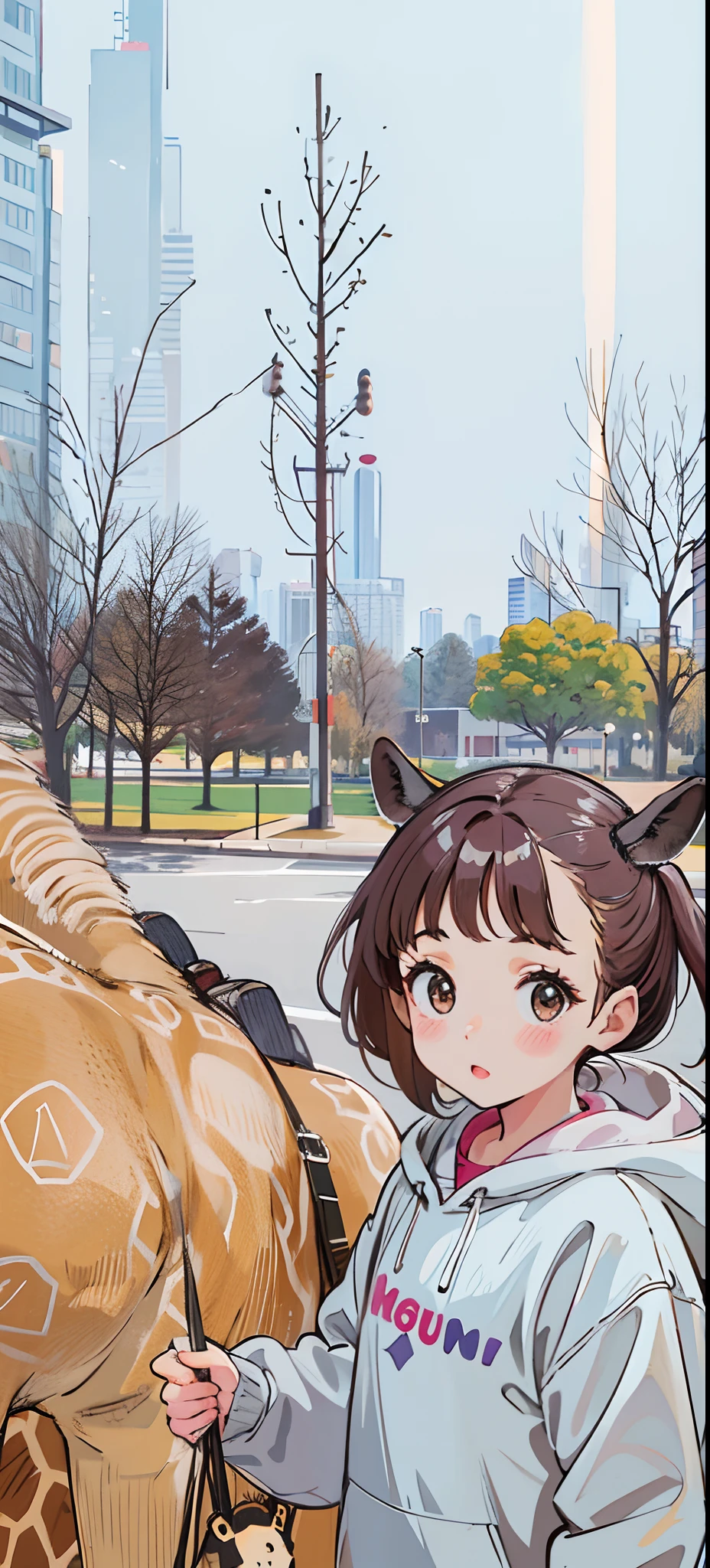 There was a girl holding a giraffe, with a park in the back ground, at park, , park in background, , 2 years