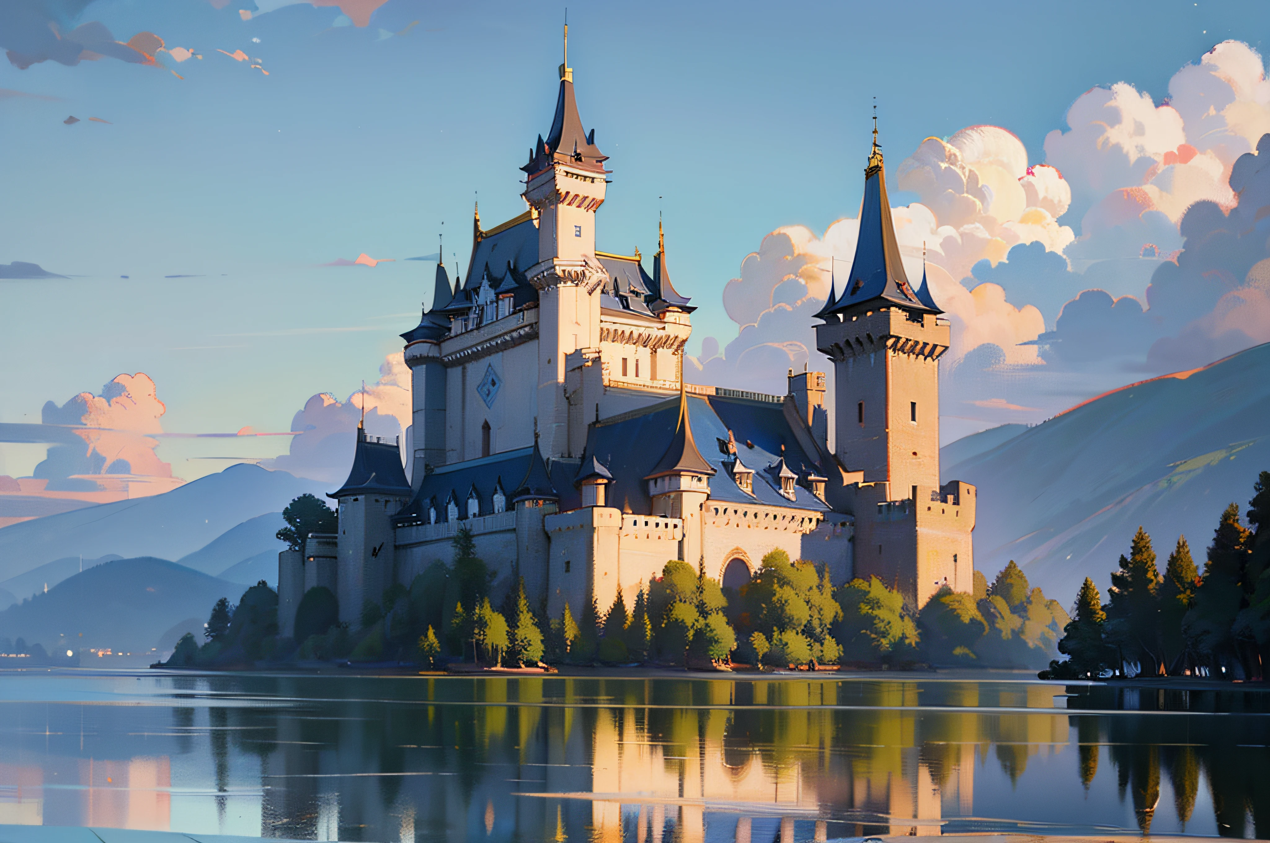 masterpiece, epic, top-quality、Depicted in detail, 16 K, Castle on the lake, early evening, Light from among the clouds、Ray traching, Oil Painting、