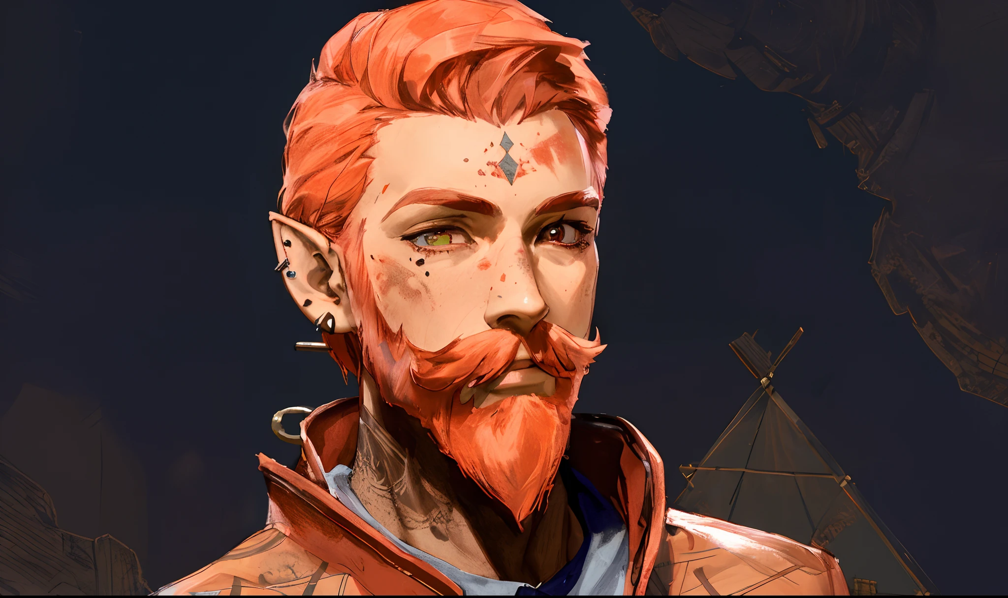 A strong man, short pink hair, short beard, has orange eyes, is underwater, has tattoos, has a crystal trident, realistic drawing style, focus on the face