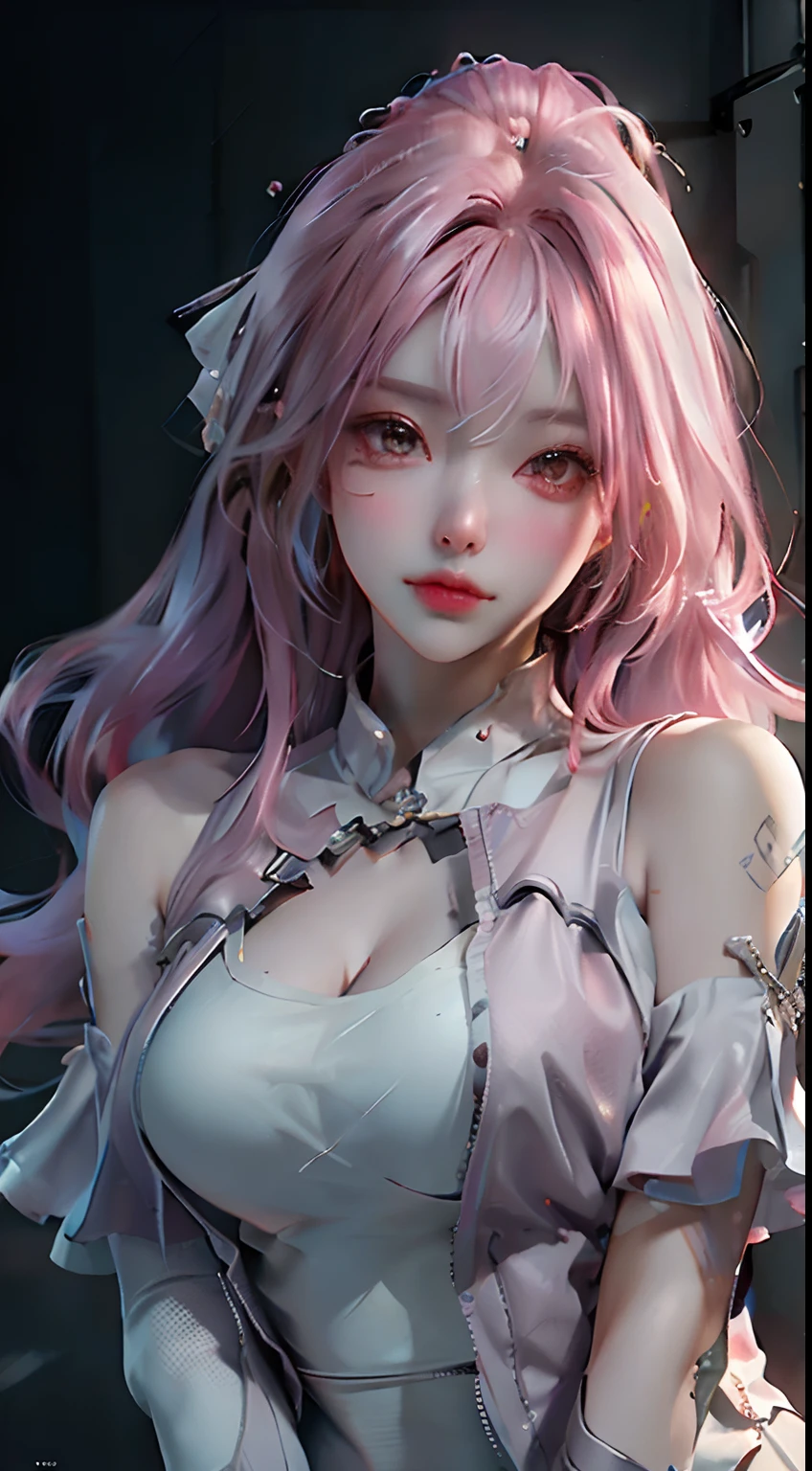 ((Best quality)), ((masterpiece)), (detailed: 1.4), 3D, an image of a beautiful cyberpunk woman, pink hair, night metropolis background, HDR (High Dynamic Range),Ray Tracing,NVIDIA RTX,Super-Resolution,Unreal 5,Subsurface dispersion, PBR texture, Post-processing, Anisotropic filtering, Depth of field, Maximum clarity and sharpness, Multilayer textures, Albedo and specular maps, Surface shading, Accurate simulation of light-material interaction, Perfect Proportions, Octane Render, Two-Tone Lighting,Wide Aperture,Low ISO,White Balance,Rule of Thirds,8K RAW,