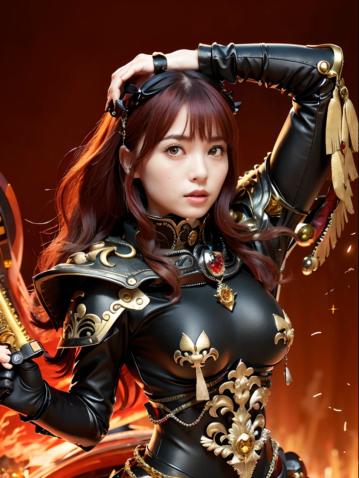 (Bleeding from the head), Professional , masterpiece、top-quality、photos realistic , depth of fields (Gemstone Black Metal Body:1.4),(Matte Black、Toostock、(cleavage of the breast)、((Random Hairstyles 1.5),Dark Fantasy,)explosions、intense fighting、Blood on the face,Blood Rain,Blood fog(blood splattere:1.9),Dragon Gold Weapon,Mystical expression、Particles of light、Fight dragons、(Dragon Metal Body:1.4),Gorgeous Silver Weapons ,(( Dragon's dense and gorgeous sword)) , Beautiful knife ,warhammer 40k , adepta sororitas,Detail and gorgeous crown、((Red hair))、(Castle background)、、((Gangle's forest background))、Beautiful Caucasian beauty、1a person、dynamic ungle,(((Detailed and ornate Black Devil Crown)))、Smaller head、A smile、Castle background、Thin and beautiful female hands、cleavage of the breast、Soldier in iron armor on background、Mystical expression、Light Effects、intense fighting、Wind-effect、magic circles、With the legendary magic wand、(demonic wings)、