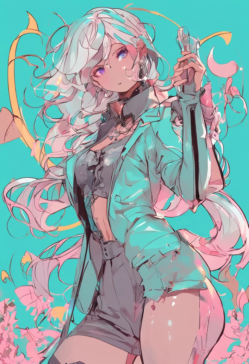 Bright Tiffany blue background、Young yellow clothes are modern。Future、a sorceress。silber hair、Pink and yellow hair、silhuette、Tiffany color light background、Rear view、Image of AI magician、modern、