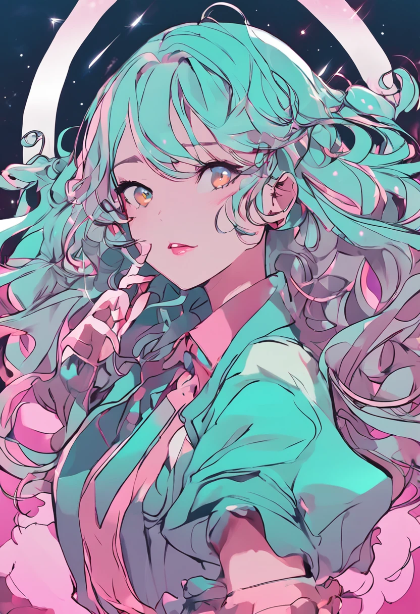 Bright Tiffany blue background、Young yellow clothes are modern。Future、a sorceress。silber hair、Pink and yellow hair、silhuette、Tiffany color light background、Rear view、Image of AI magician、modern、