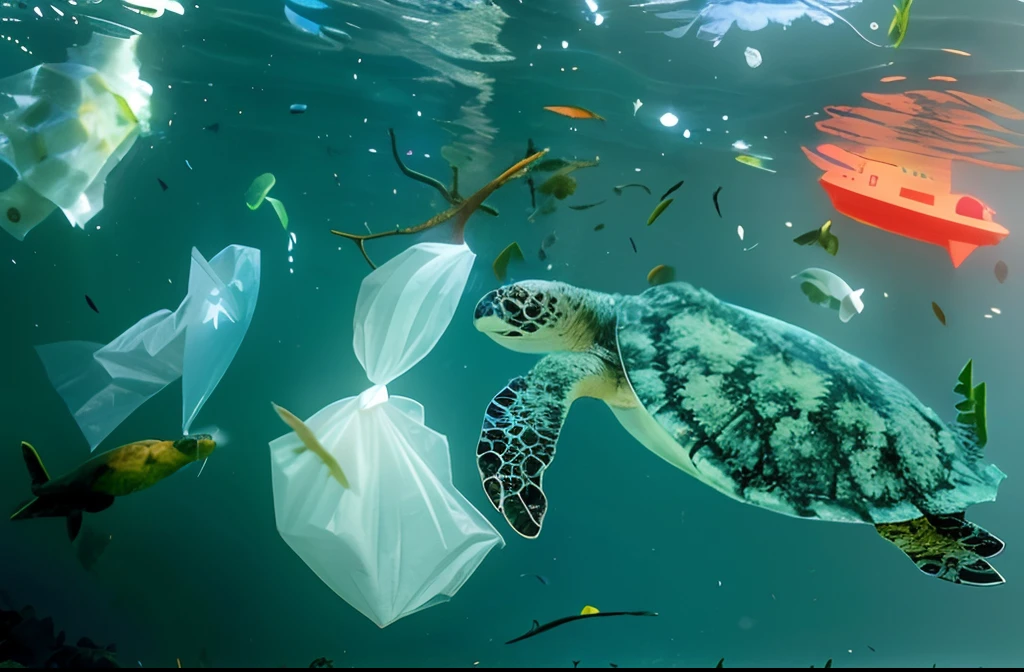 Aravi turtles swim in the sea with plastic bags and garbage, plastic waste, garbage plastic, submerged to waste, plastic sea wrapped, Artis, Turtlen, junk, polluted, clean environment, turtle, littered with garbage, polluted, junk, garbage, rubbish, Made of plastic, dressed in plastic bags, Garbage is everywhere