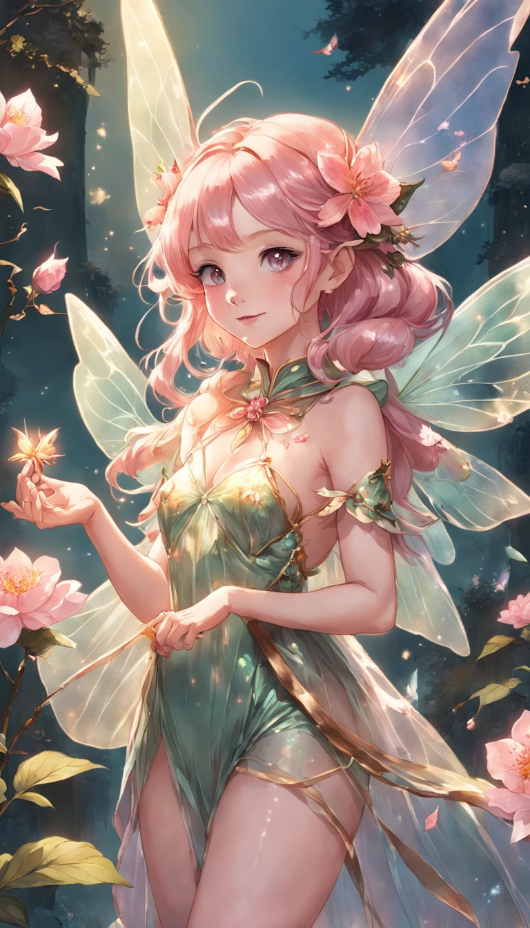 a drawing of a fairy with a rose in her hand,Transparent and lightweight wings like cicada wings,oil shiny skin,Barott style classical garden,Aerial view,Concept art,sky,study of a flower fairy, fairy aesthetics, space flower fairy, faerie, portrait of a fairy, portrait of fairy, smiling as a queen of fairies, queen of the fairies, beautiful fairy, the non-binary deity of spring, fairy queen, elf girl wearing an flower suit, fairylike,Peach blossom, cherry blossom, orchid, hyacinth, plum blossom, rose