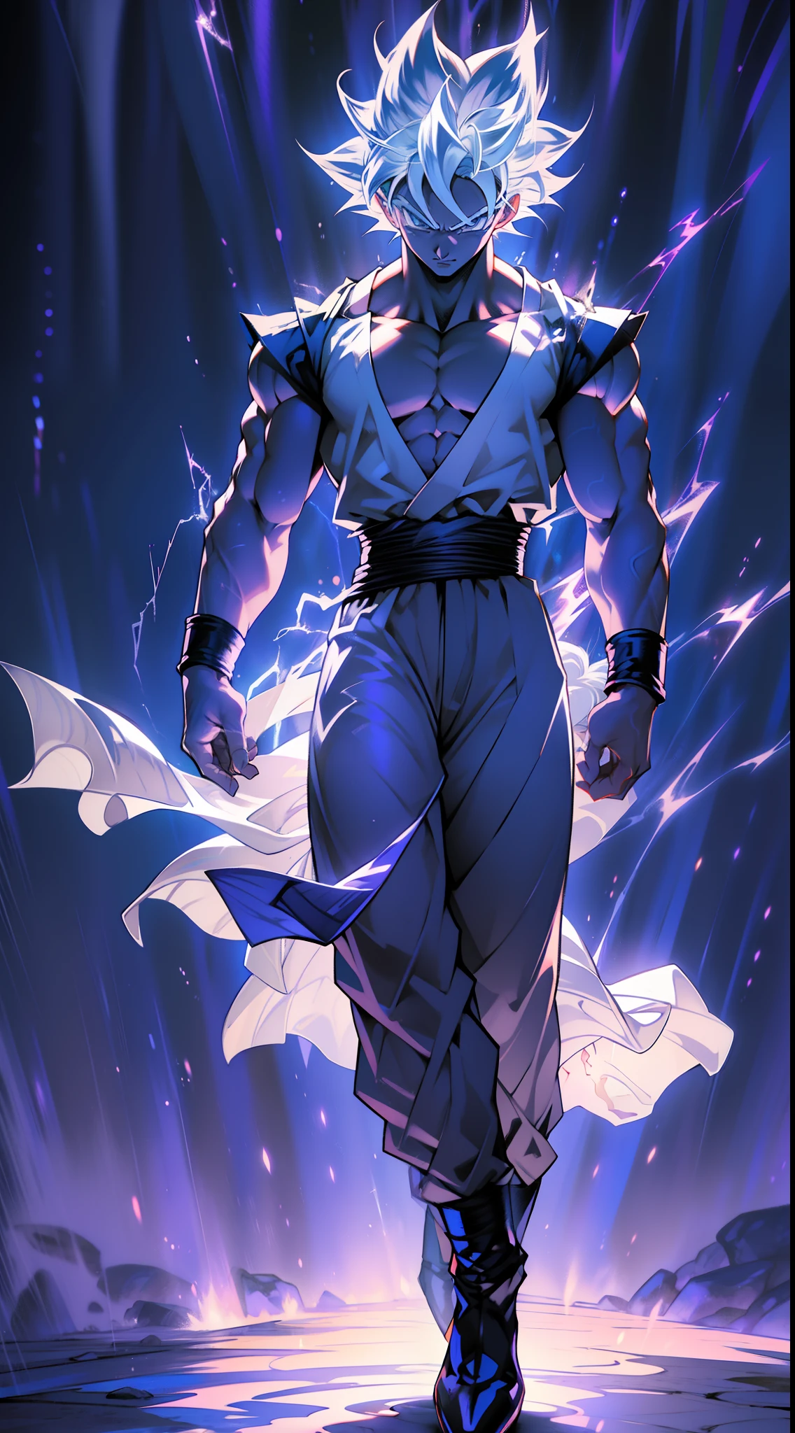 Male figure shrouded in ethereal blue lightning，Reflective dark purple etching. His mysterious presence hints at a close connection with infernal forces. A purple shadow fell on him, The mysterious dance of creation, Destruction and Rebirth,