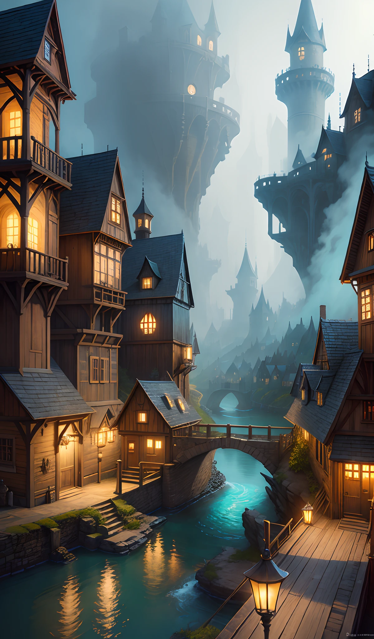 there is a painting of a town with a bridge and a river, medeival fantasy town, steampunk villages castles, fantasy town setting, by Aleksander Gine, flintlock fantasy capital city, beautiful concept art, painterly concept art, detailed 4k concept art, andreas rocha style, beautiful detailed concept art, concept art stunning atmosphere