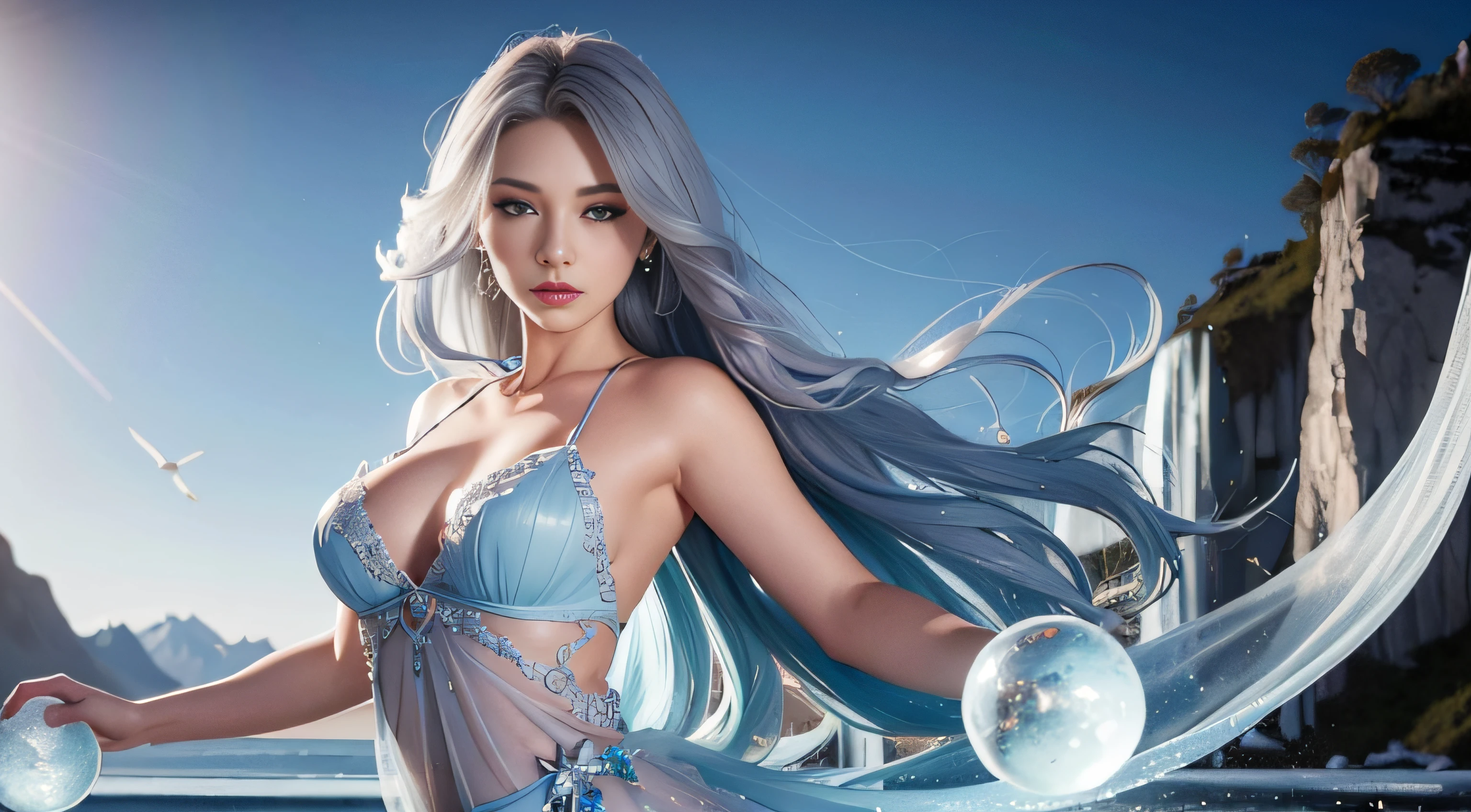 Beautiful female ice mage，Perfect body display，Pose photography，Flowing sky blue gray curls，eBlue eyes，Sheer tulle dress，Indifferent expression，Bokeh background，ice mountain，Fantasyart，detail-rich，电影灯光，Take real photos，SLR camera，The is very detailed，Rational design，Clear lines，High sharpness，Best quality，Masterpiece，4K：1.2。