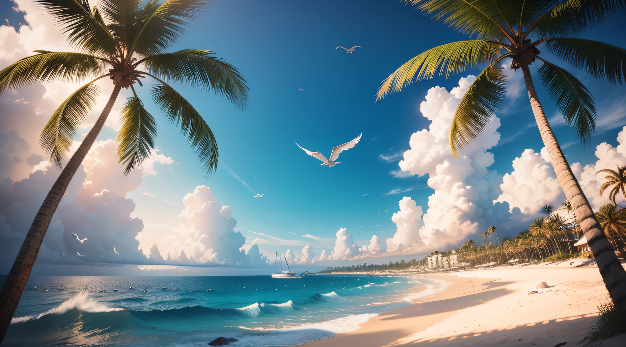 "A blue sea,A golden sandy beach,Two towering symbiotic coconut trees,Scattered shells,There is a pier on the water in the distance,Seagulls fly over the sea,k hd,mid day,eventide,tmasterpiece,Ultimate view,Halo"