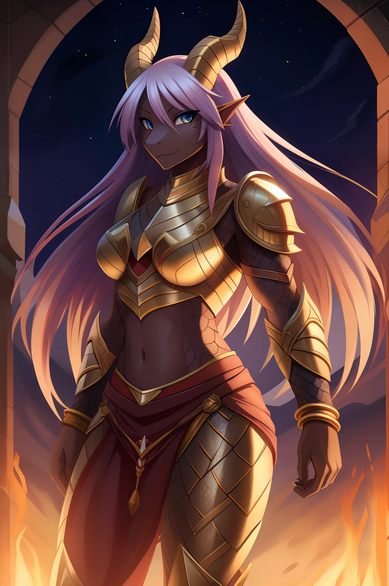 (dragan), woman, 1girl, Alone, far, small body, bracelets, multicolored hair, long hair, horns, dragon horns, anime style, high quality, best quality, flaking skin, scales, dark scales, leg with scales on the thigh, arms with scales, face with scales, dark skin, scaly skin, textured skin, dragon, paladin, warrior, half plate, brown scales