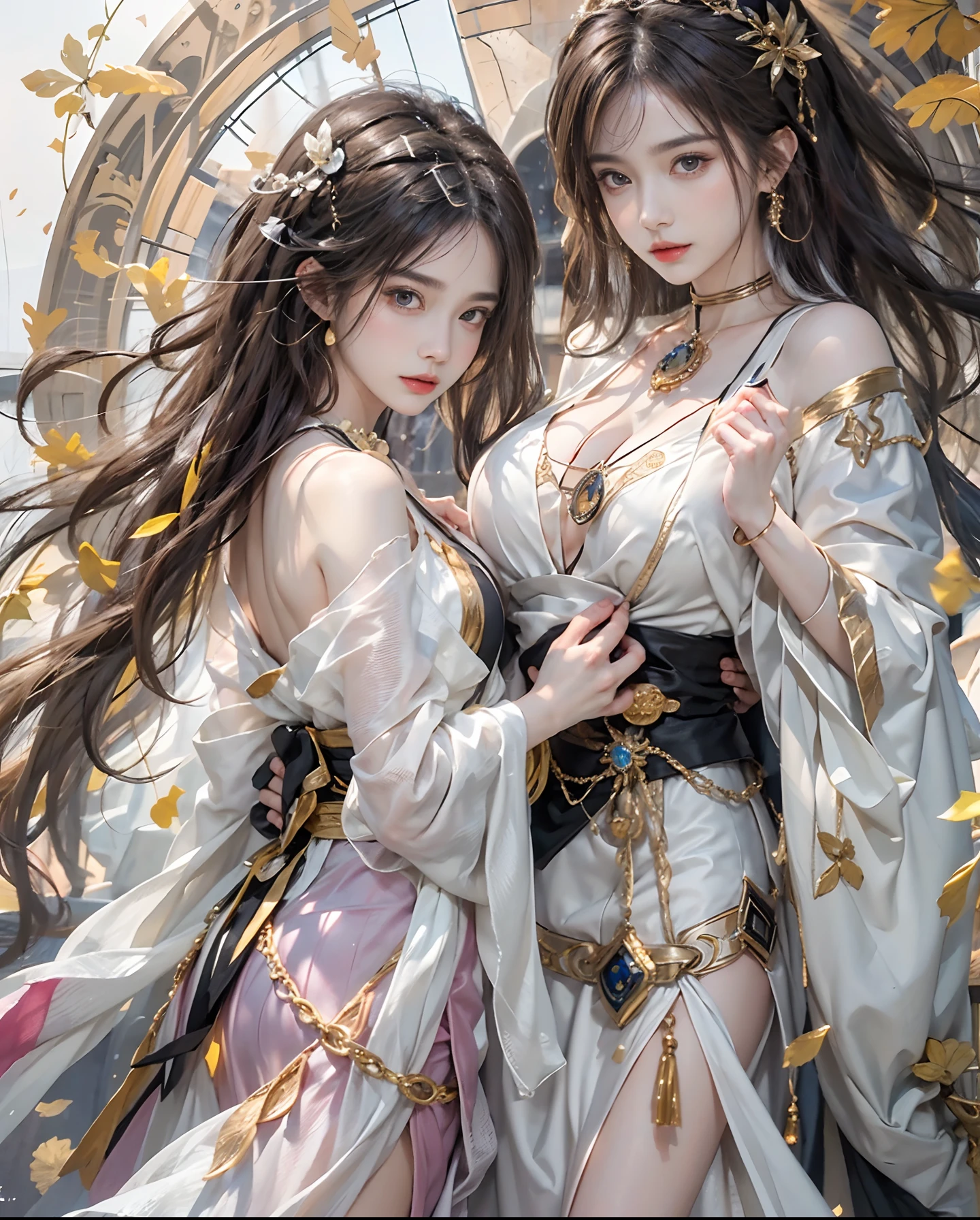 Official art、Priestess of Time、The background is reminiscent of the passage of time、You can see a lot of watches and a lot of watch parts.、Two beautiful women in black robes with open breasts and beautiful women in white robes with open breasts、The costumes of the two are contrasting、PerfectNwsjMajic,(masterpiece、top-quality、top-quality、Official art、Beautifully Aesthetic:1.2)、(2girls)、ighly detailed、colourfull、highestdetailed、Official art、Unity 8k壁纸、ultra-detailliert、Beautifully Aesthetic、Beautiful face in detail、masterpiece、top-quality、(Zentangle、a Mandala、Tangles、Entanglement)、Holy Light、pure、There are also resilient messages, Overcoming and hope. Breasts are small and B size、A slender、The chest is open、Eyes are double(A detailed eye), Beautifully detailed、Hair that flutters in the wind、Maroon Gradient Hair Color、Hair color is contrasting、high-heels、Gold Anklet、Two people praying on a large dial、Background with、Beautiful girls staring at each other on a large dial、