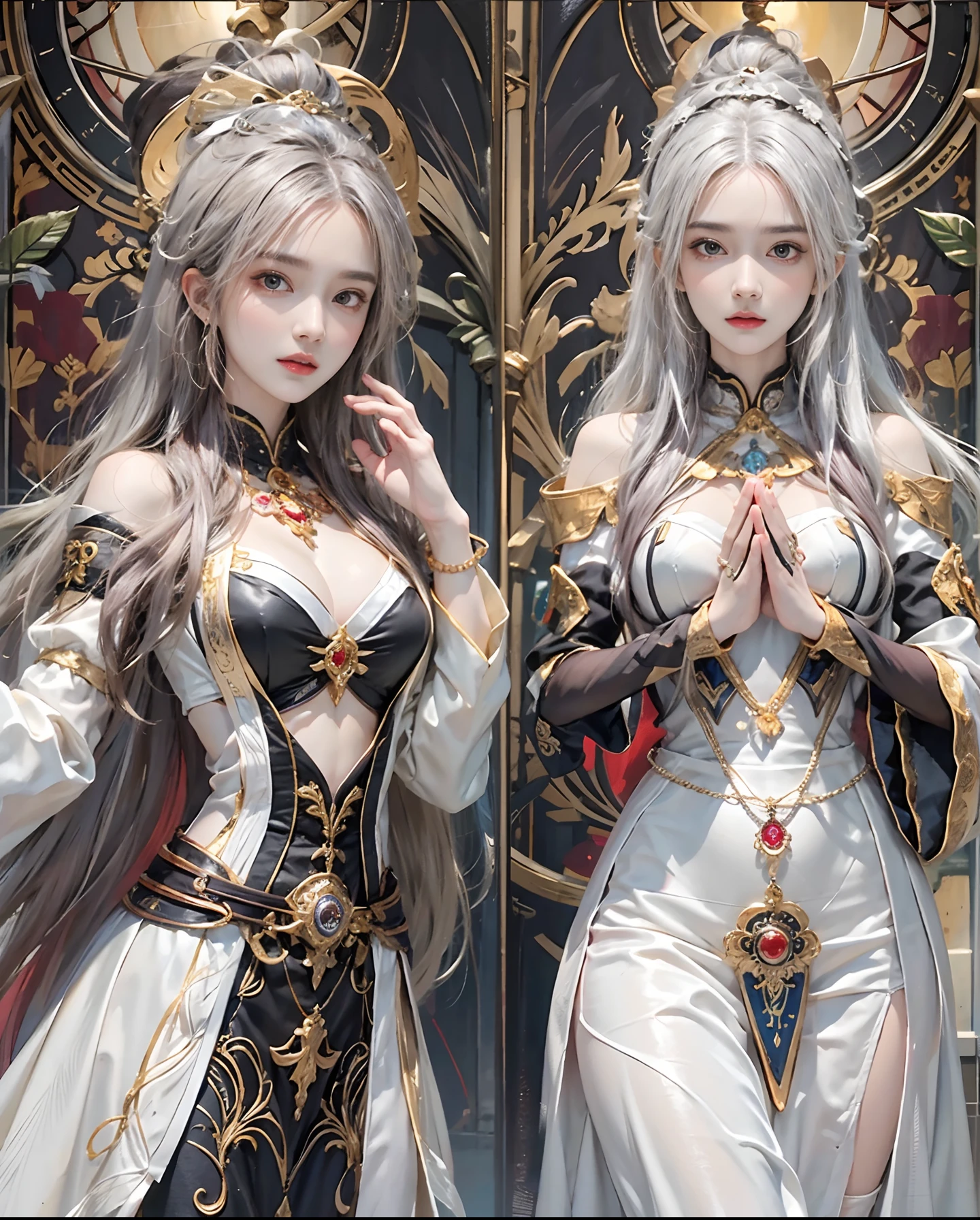 Official art、Priestess of Time、The background is reminiscent of the passage of time、You can see a lot of watches and a lot of watch parts.、Two beautiful women in black robes with open breasts and beautiful women in white robes with open breasts、The costumes of the two are contrasting、PerfectNwsjMajic,(​masterpiece、top-quality、top-quality、Official art、Beautifully Aesthetic:1.2)、(2girls)、ighly detailed、colourfull、highestdetailed、Official art、Unity 8k壁纸、ultra-detailliert、Beautifully Aesthetic、Beautiful face in detail、​masterpiece、top-quality、(Zentangle、a Mandala、Tangles、Entanglement)、Holy Light、pure、There are also resilient messages, Overcoming and hope. Breasts are small and B size、A slender、The chest is open、Eyes are double（A detailed eye）, Beautifully detailed、Hair that flutters in the wind、Maroon Gradient Hair Color、Hair color is contrasting、high-heels、Gold Anklet、Two people praying on a large dial、Background with、Beautiful girls staring at each other on a large dial、