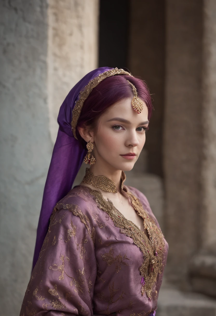 (multicolored hair+purple hair:1.3),ancient wind,traditionalcostumes,eventide,detail-rich,The lighting and shadow effects are outstanding,Soft light,Fantastic background,Static posture,Soft atmosphere,Warm colors,Taksim Sing