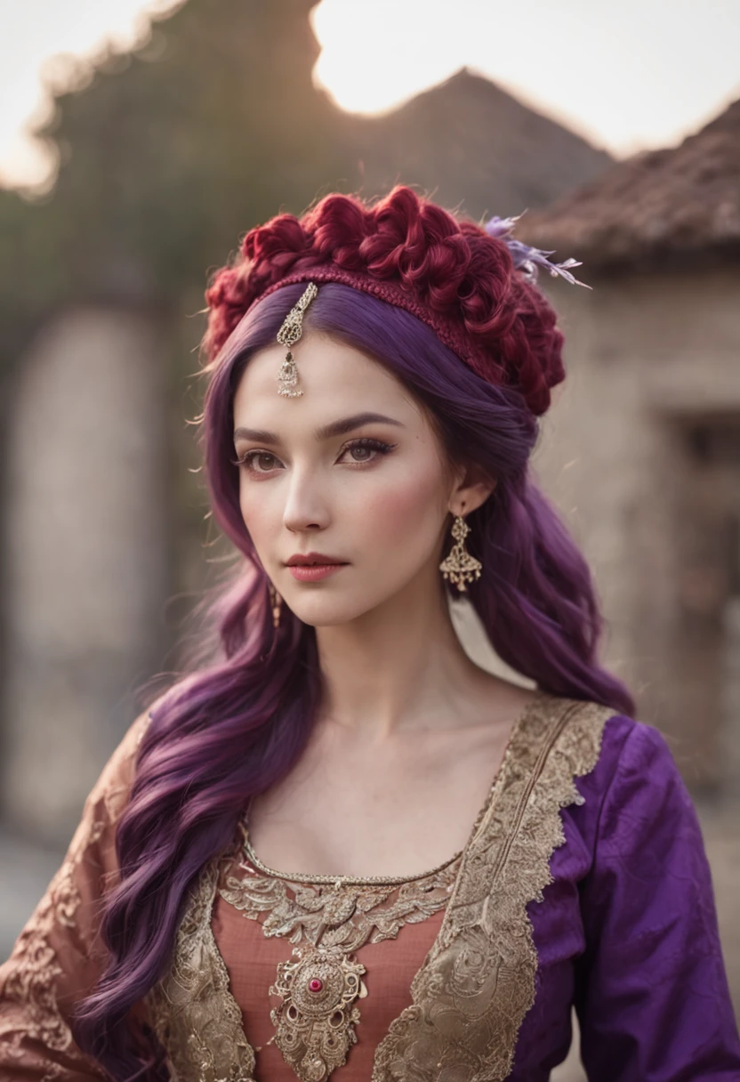 (multicolored hair+purple hair:1.3),ancient wind,traditionalcostumes,eventide,detail-rich,The lighting and shadow effects are outstanding,Soft light,Fantastic background,Static posture,Soft atmosphere,Warm colors,Taksim Sing