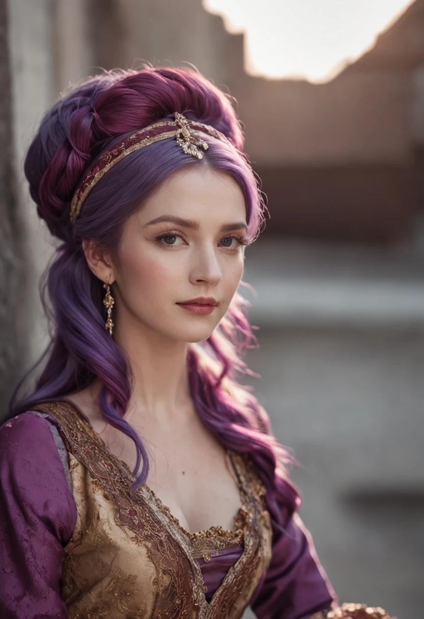 (multicolored hair+purple hair:1.3),ancient wind,traditionalcostumes,eventide,detail-rich,The lighting and shadow effects are outstanding,Soft light,Fantastic background,Static posture,Soft atmosphere,Warm colors,Taksim Sing