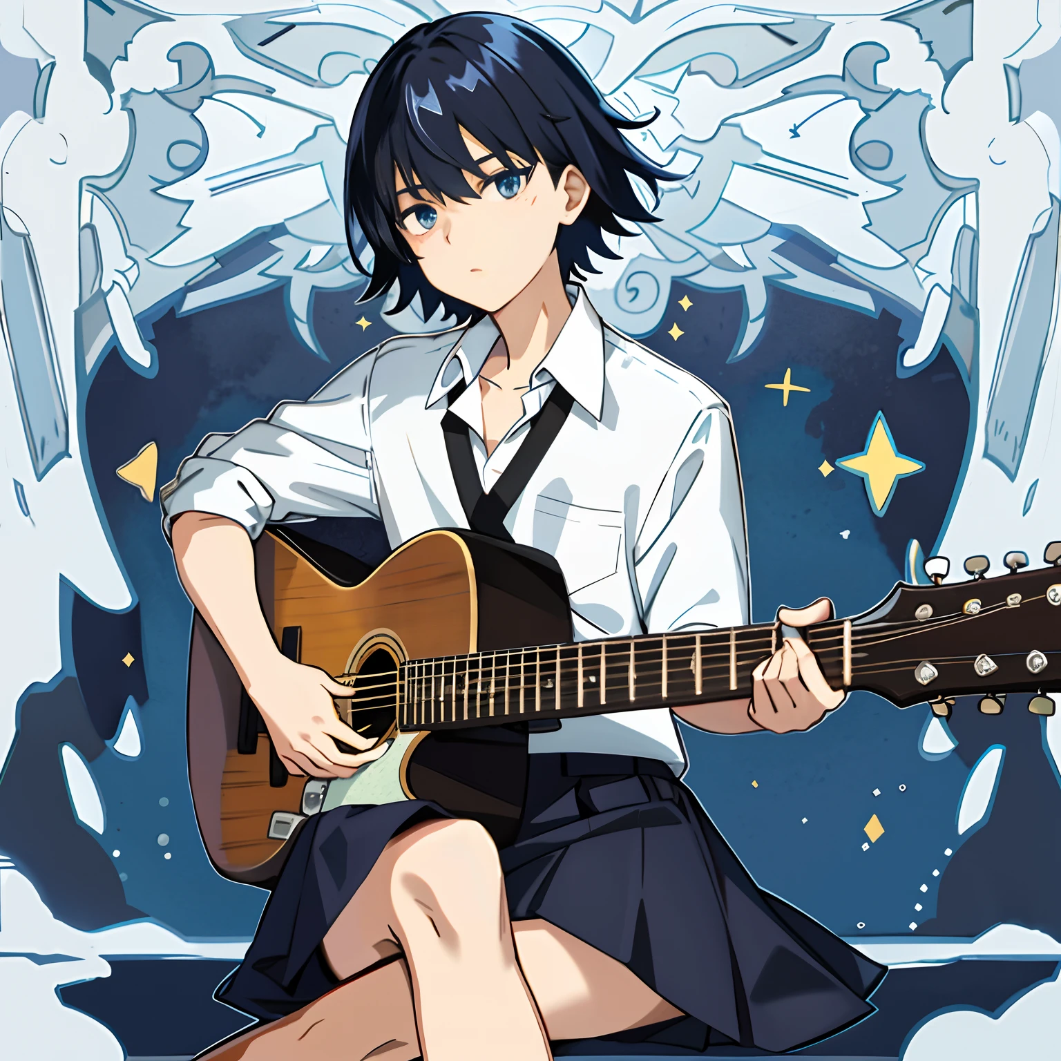 short detailed hair,juvenile sense,(with short black hair),(Holding a guitar in his hand)Sapphire eyes,Scattered strands of hair,Sit cross-legged,(The white shirt has blue trim on the clothes),Naturally laid-back and casual,(schoolboy)