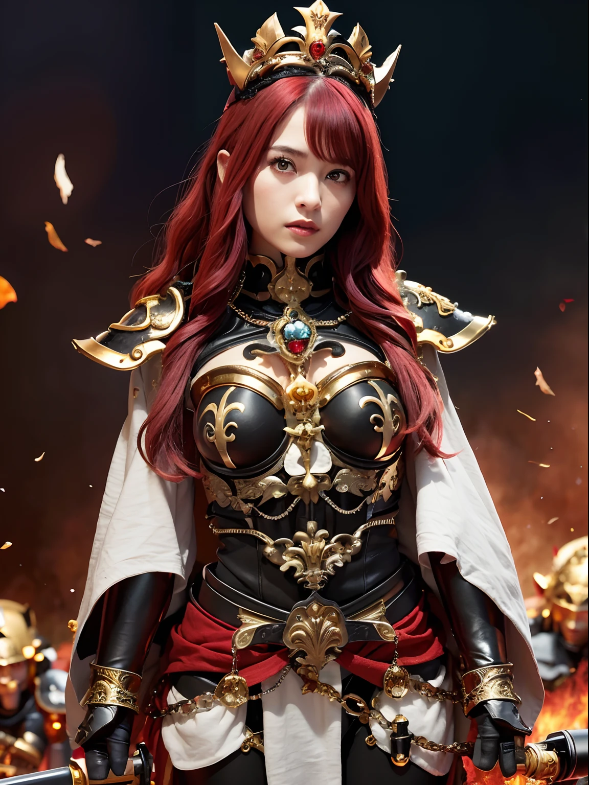 (masutepiece), Professional , masterpiece、top-quality、photos realistic , depth of fields (Gemstone Black Metal Body:1.9),(Matte Black、(cleavage of the breast)、Dragon Gold Weapon(Dragon Metal Body:1.4),Gorgeous Silver Weapons ,(( Dragon's dense and gorgeous sword)) , Beautiful knife ,warhammer 40k , adepta sororitas,Detail and gorgeous crown、((Red hair))、(Castle background)、、((Gangle's forest background))、Beautiful Caucasian beauty、1a person、dynamic ungle,(((Detailed and ornate Black Devil Crown)))、Smaller head、A smile、Castle background、Thin and beautiful female hands、cleavage of the breast、Soldier in iron armor on background、Mystical expression、Light Effects、intense fighting、Wind-effect、magic circles、With the legendary magic wand、(demonic wings)、